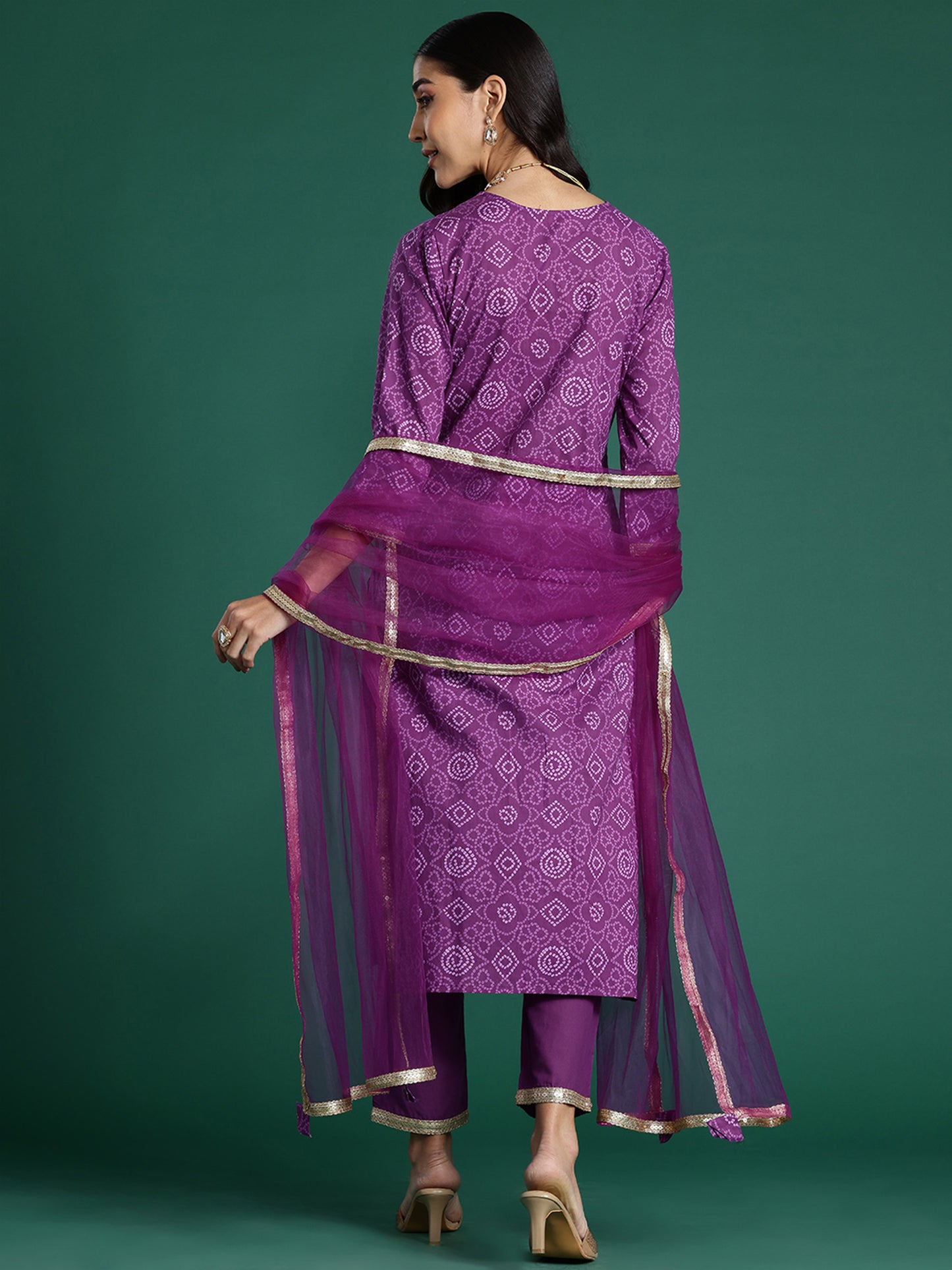 IE Purple Embroidered Straight Kurta Trousers With Dupatta set