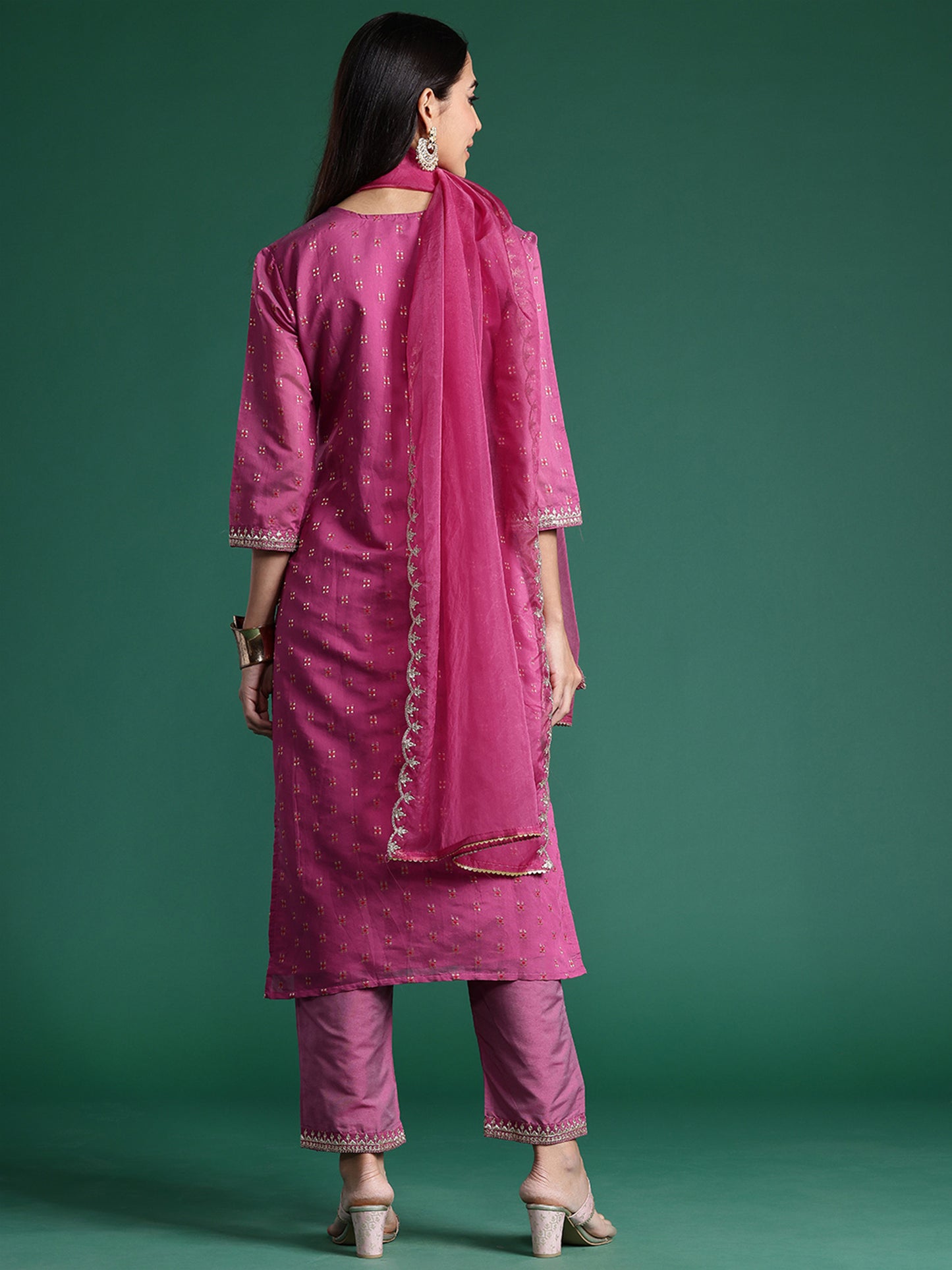 IE Mauve Embroidered Straight Kurta Trousers With Dupatta Set