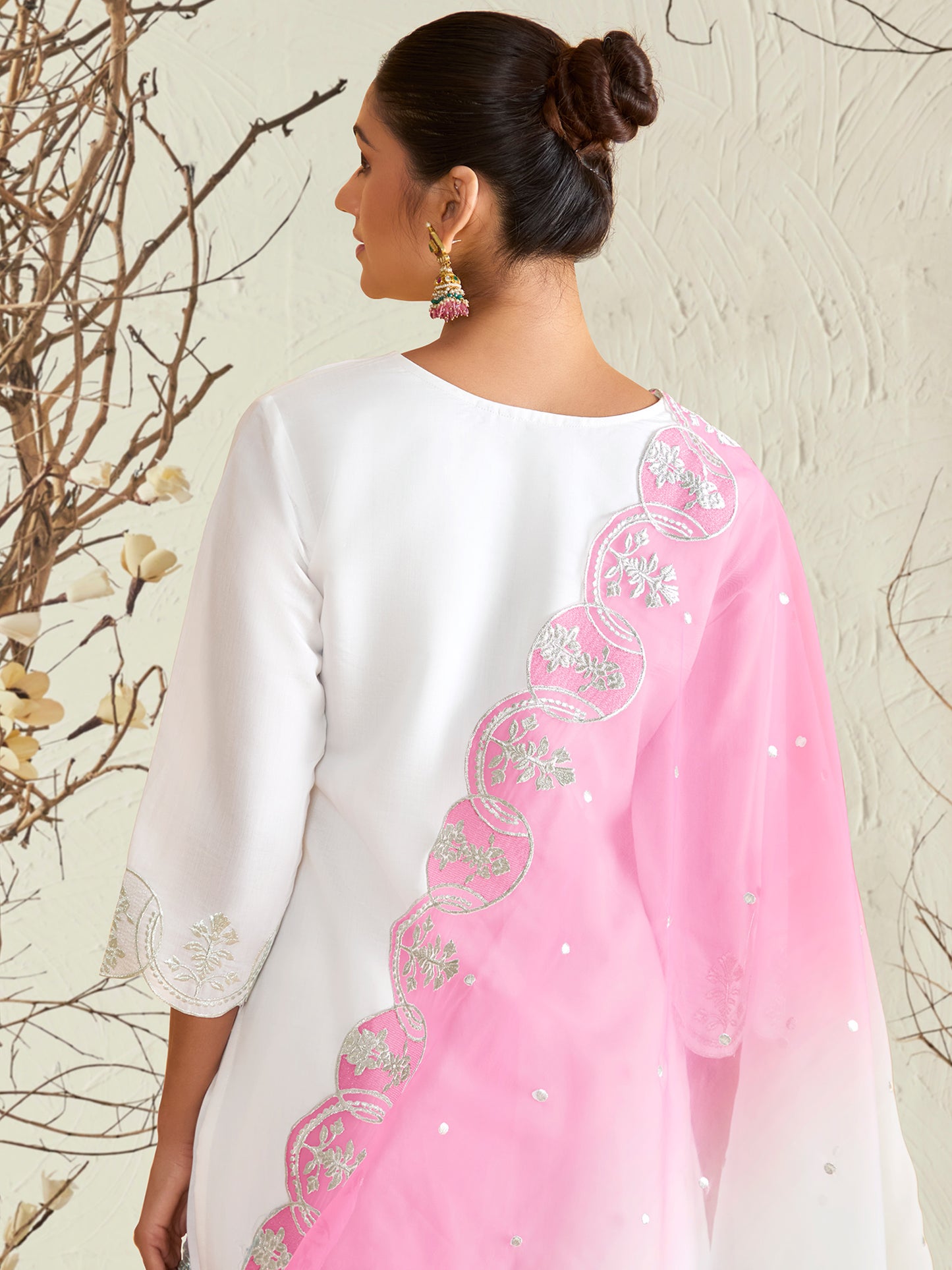 IE White Straight Embroidered Kurta Trousers With Dupatta Set