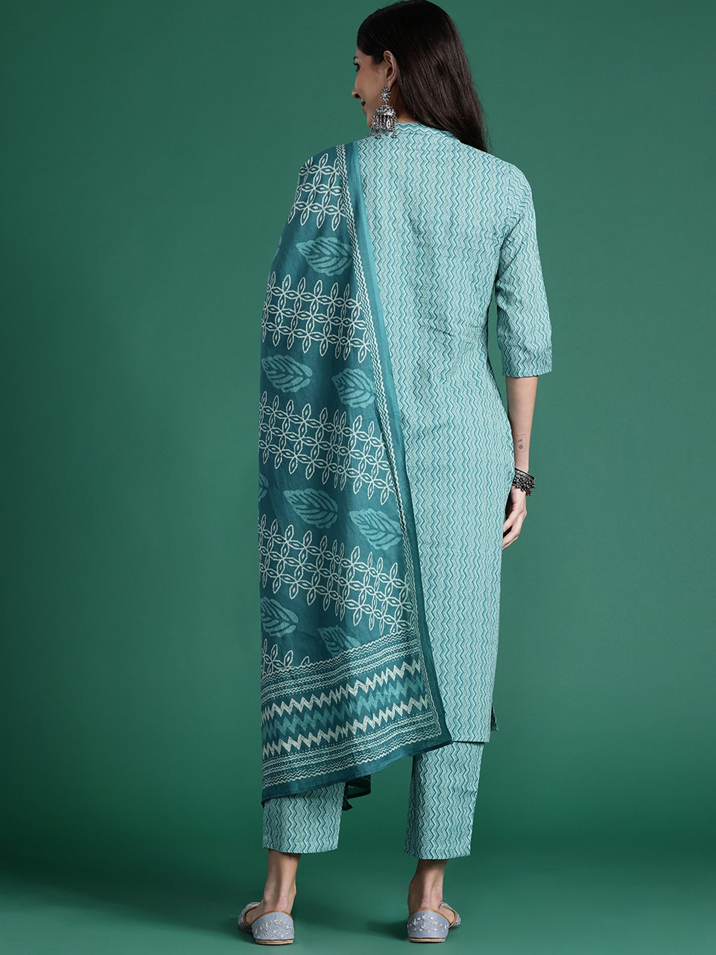 IE Blue Printed Straight Kurta Trousers With Dupatta set