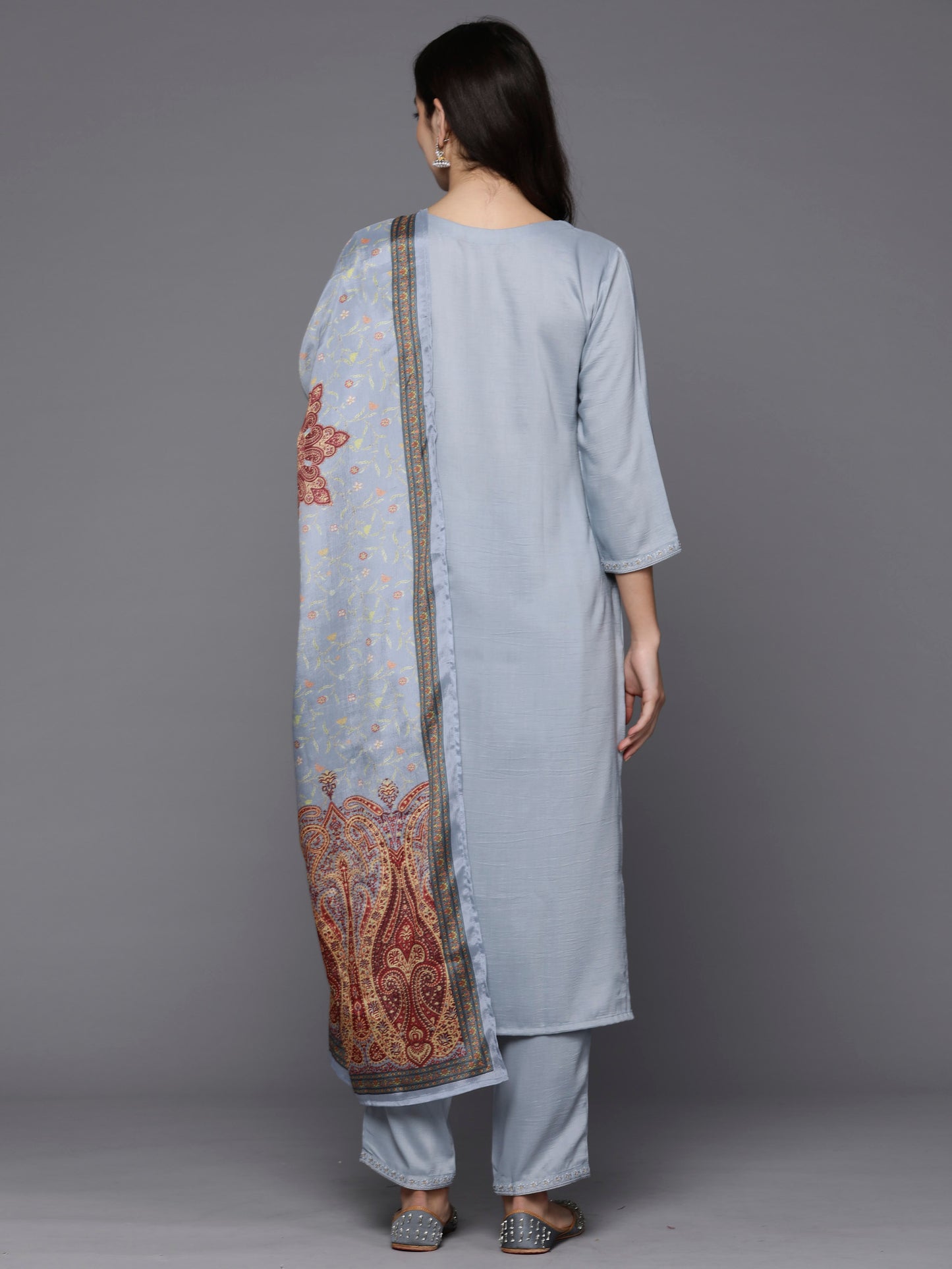 IE Grey Embroidered Straight Kurta Trousers With Dupatta set