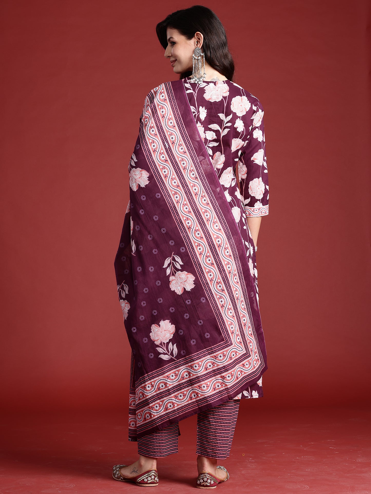 IE Burgundy Printed Straight Kurta Trousers With Dupatta set