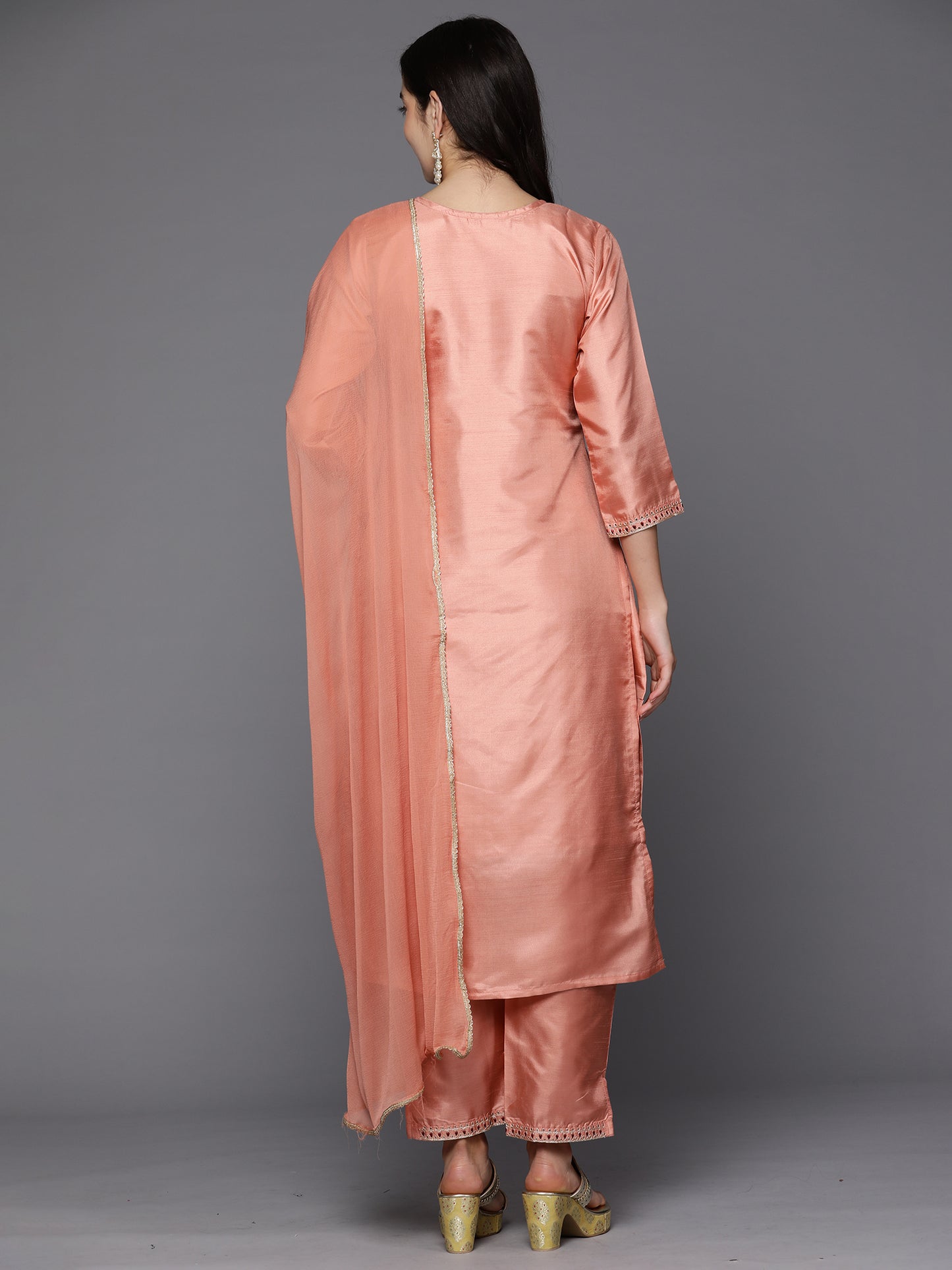 IE Peach Embroidered Straight Kurta Trousers With Dupatta Set