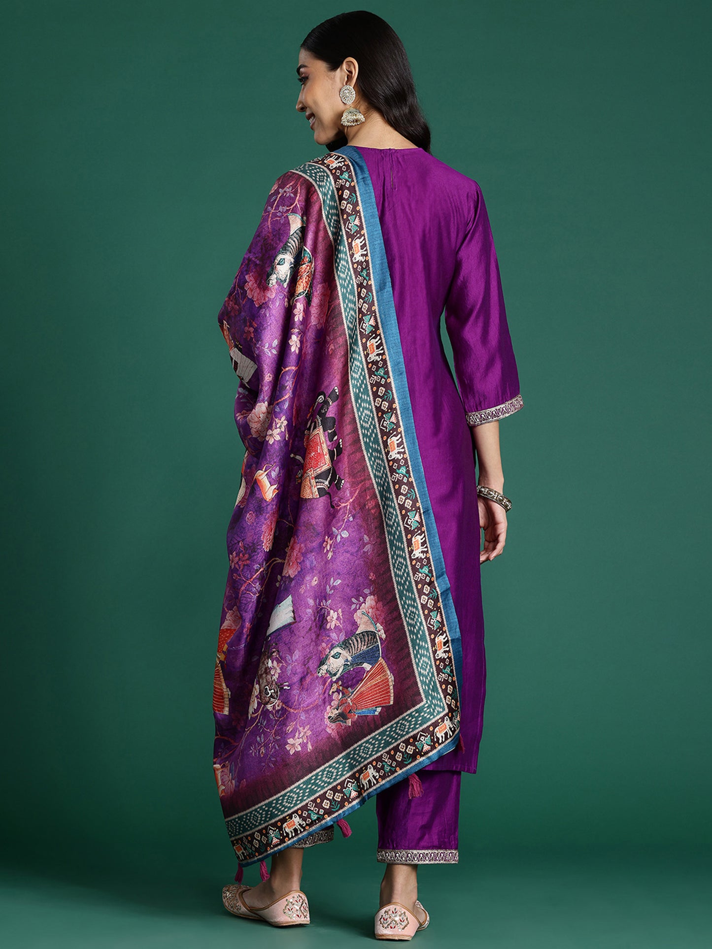 IE Purple Embroidered Straight Kurta Trousers With Dupatta set