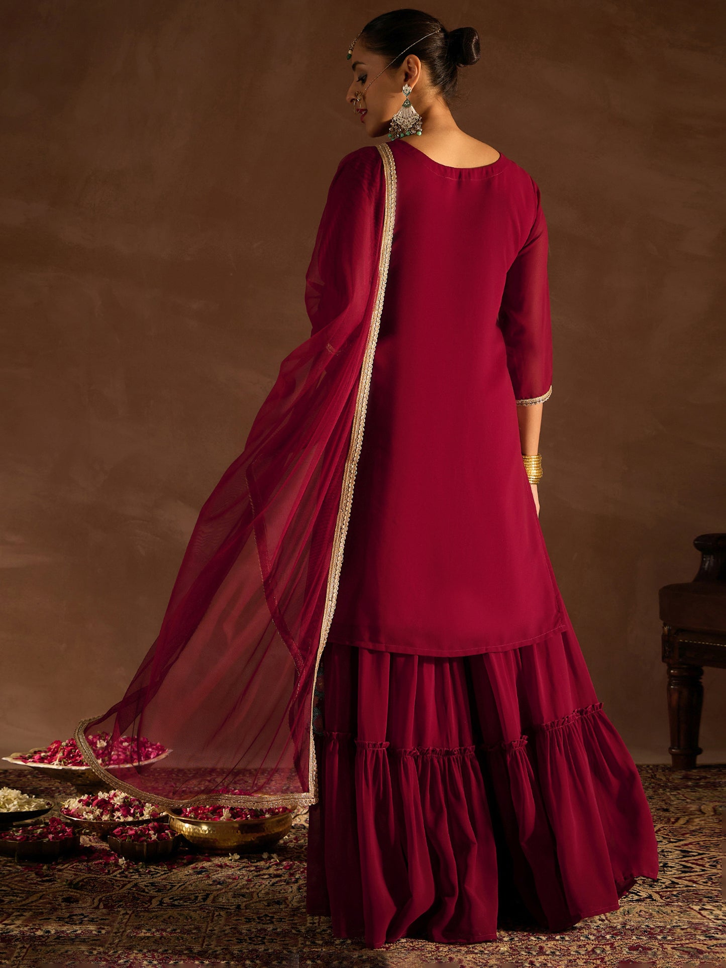 IE Maroon Embroidered Straight Kurta Sharara With Dupatta set