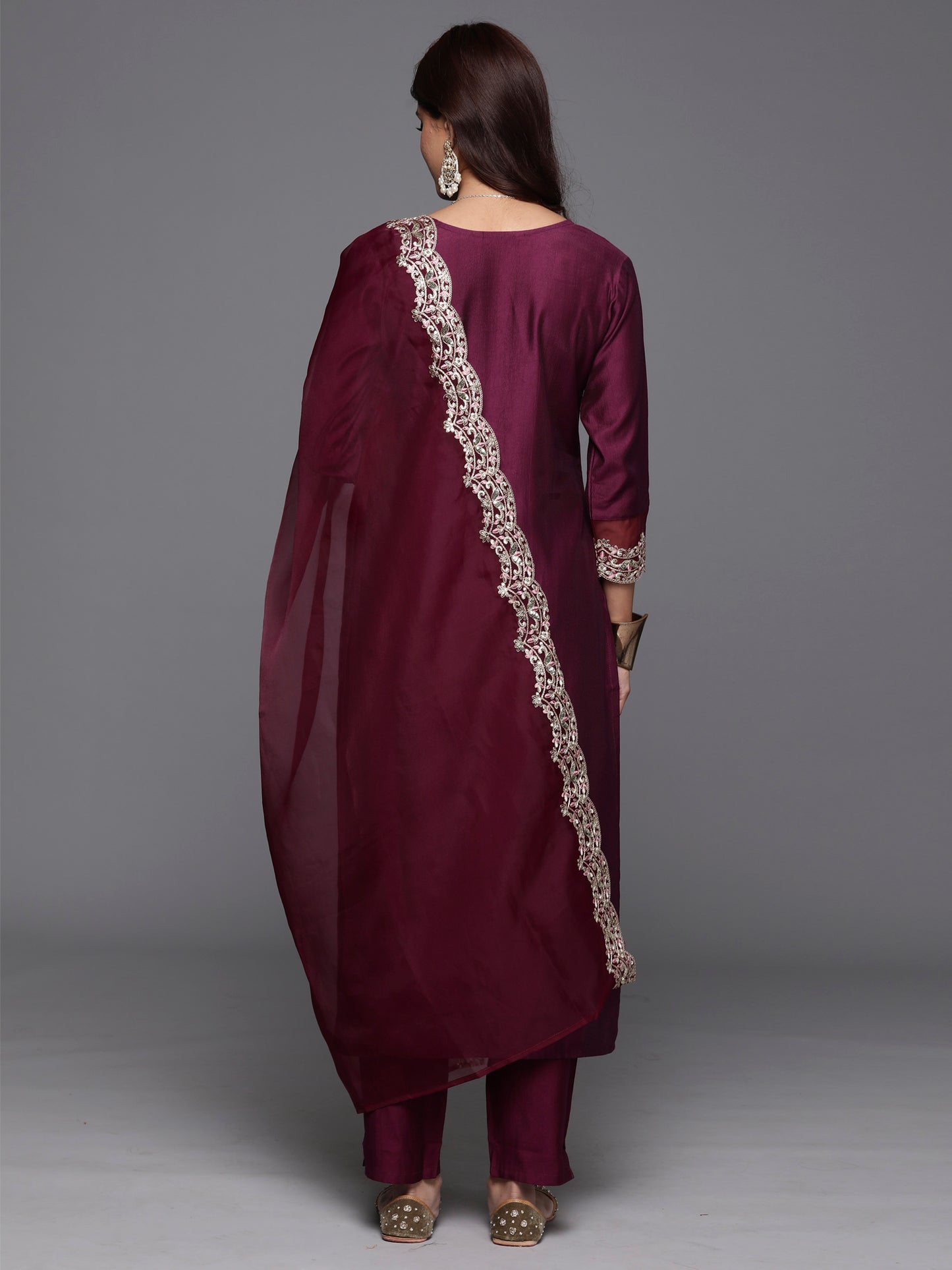 IE Purple Embroidered Straight Kurta Trousers With Dupatta Set