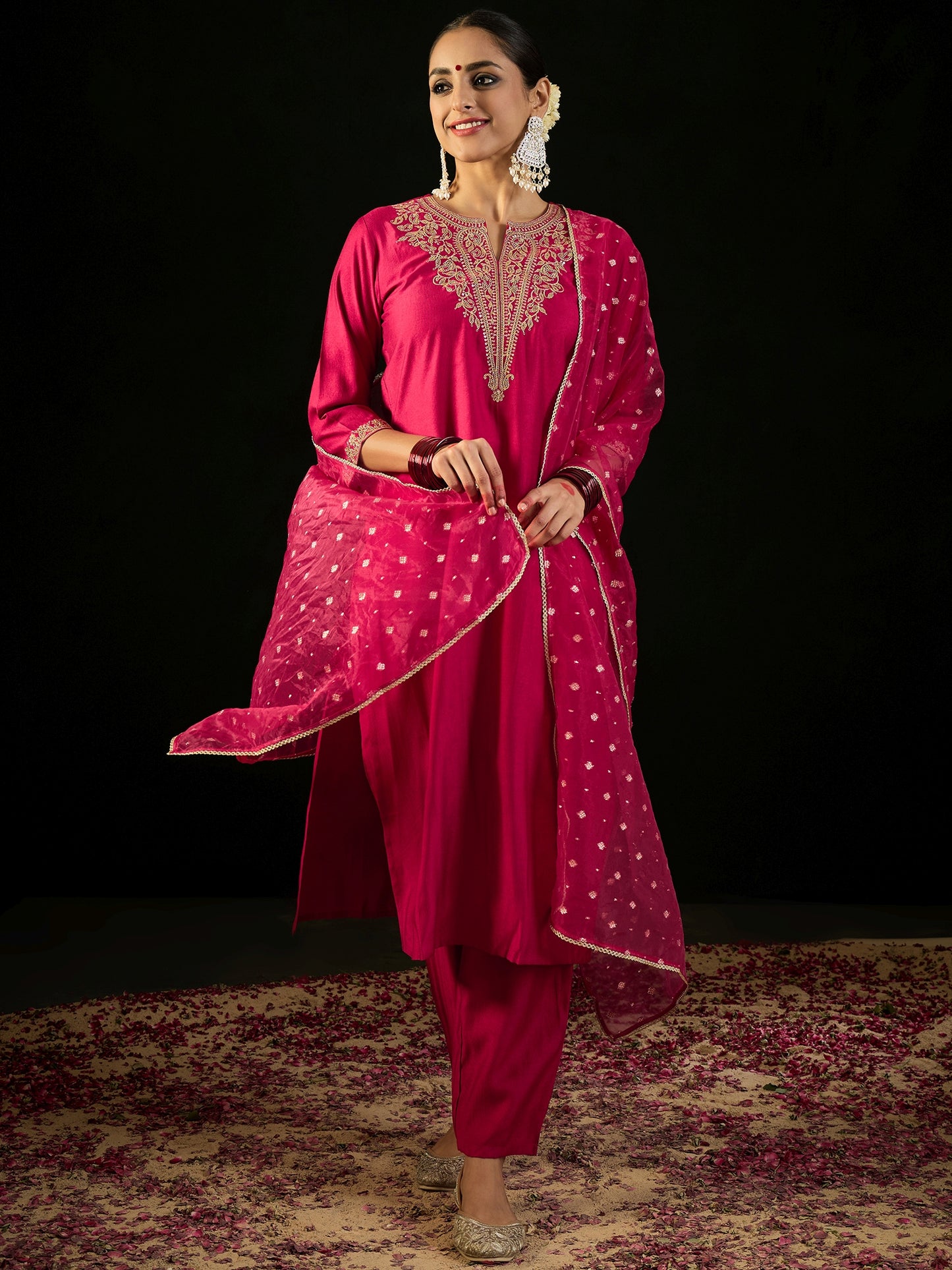 IE Pink Embroidered Straight Kurta Trousers With Dupatta set