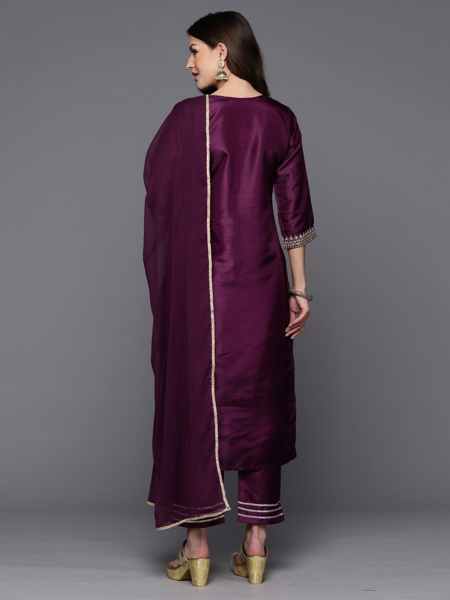 IE Burgundy Embroidered Straight Kurta Trousers With Dupatta Set