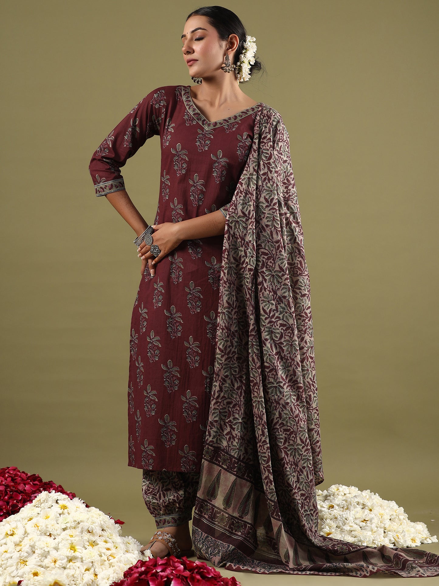 IE Burgundy Printed Straight Kurta Salwar With Dupatta set