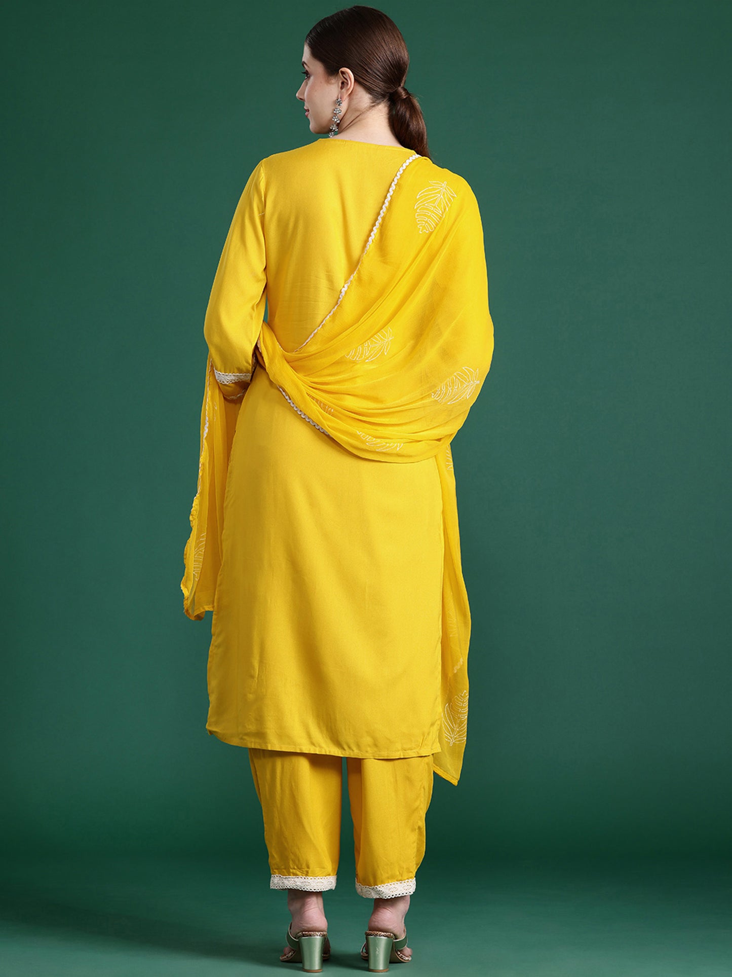 IE Yellow Embroidered Straight Kurta Trousers With Dupatta set