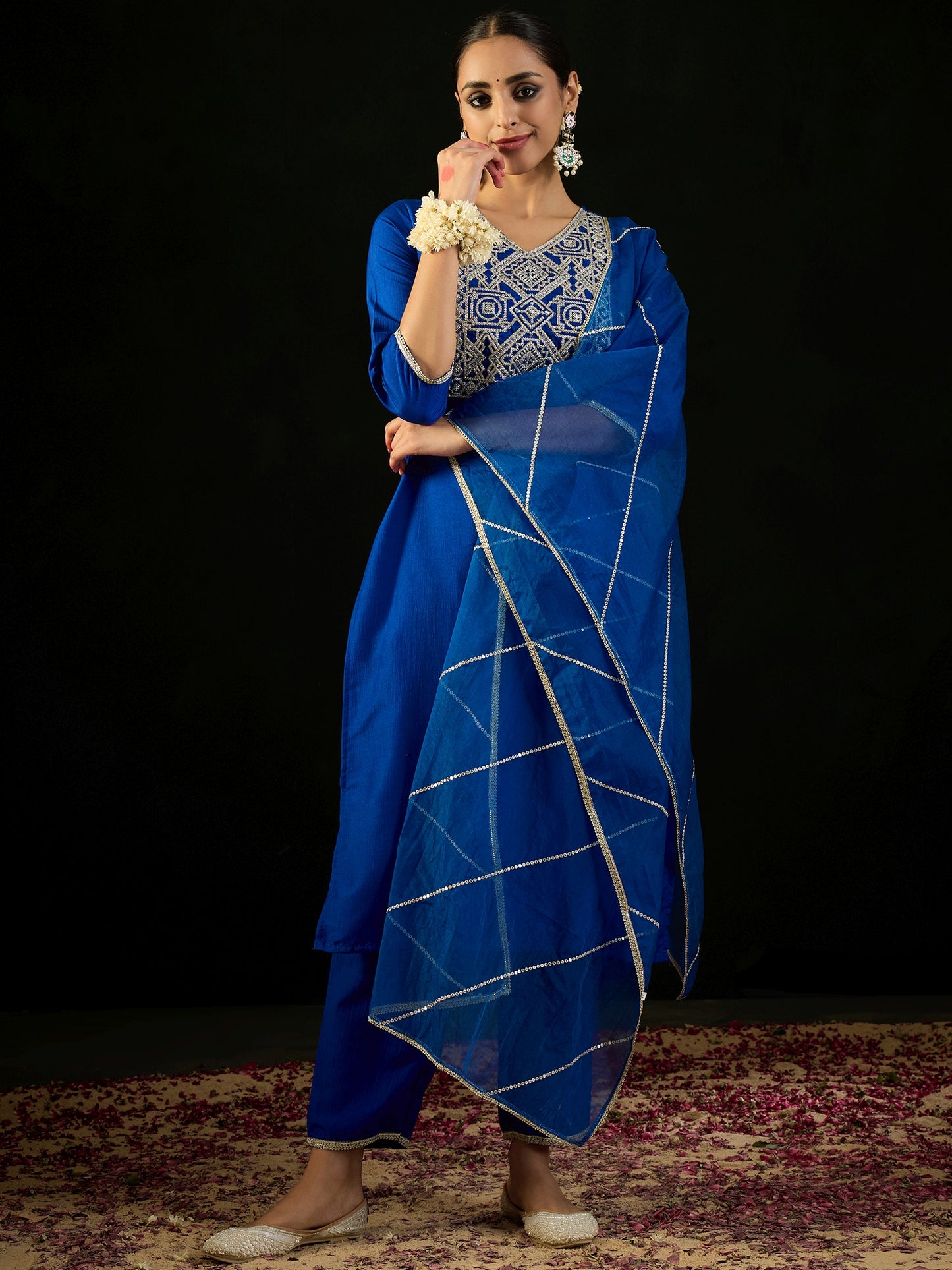 IE Blue Embroidered Straight Kurta Trousers With Dupatta set