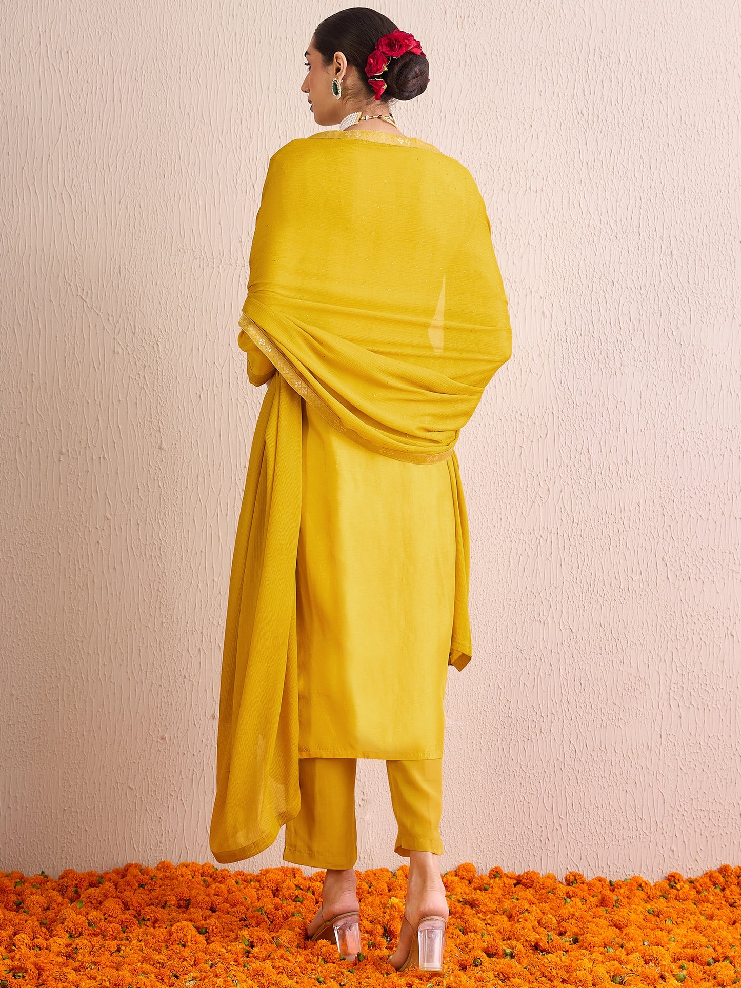 IE Yellow Embroidered Straight Kurta Trousers With Dupatta set