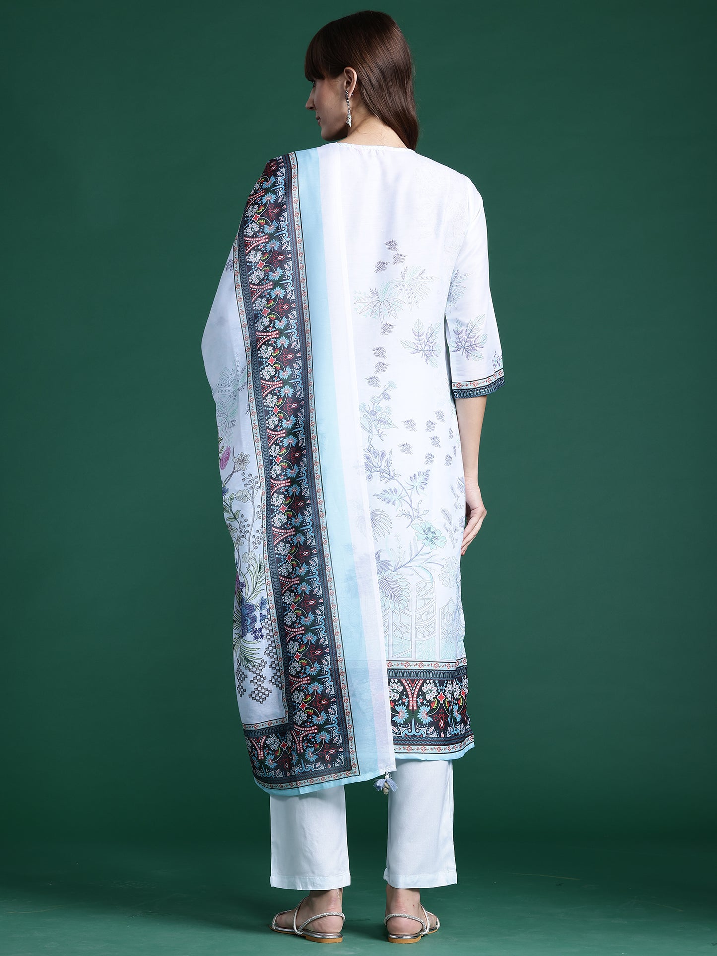 IE Blue Printed Straight Kurta Trousers With Dupatta set