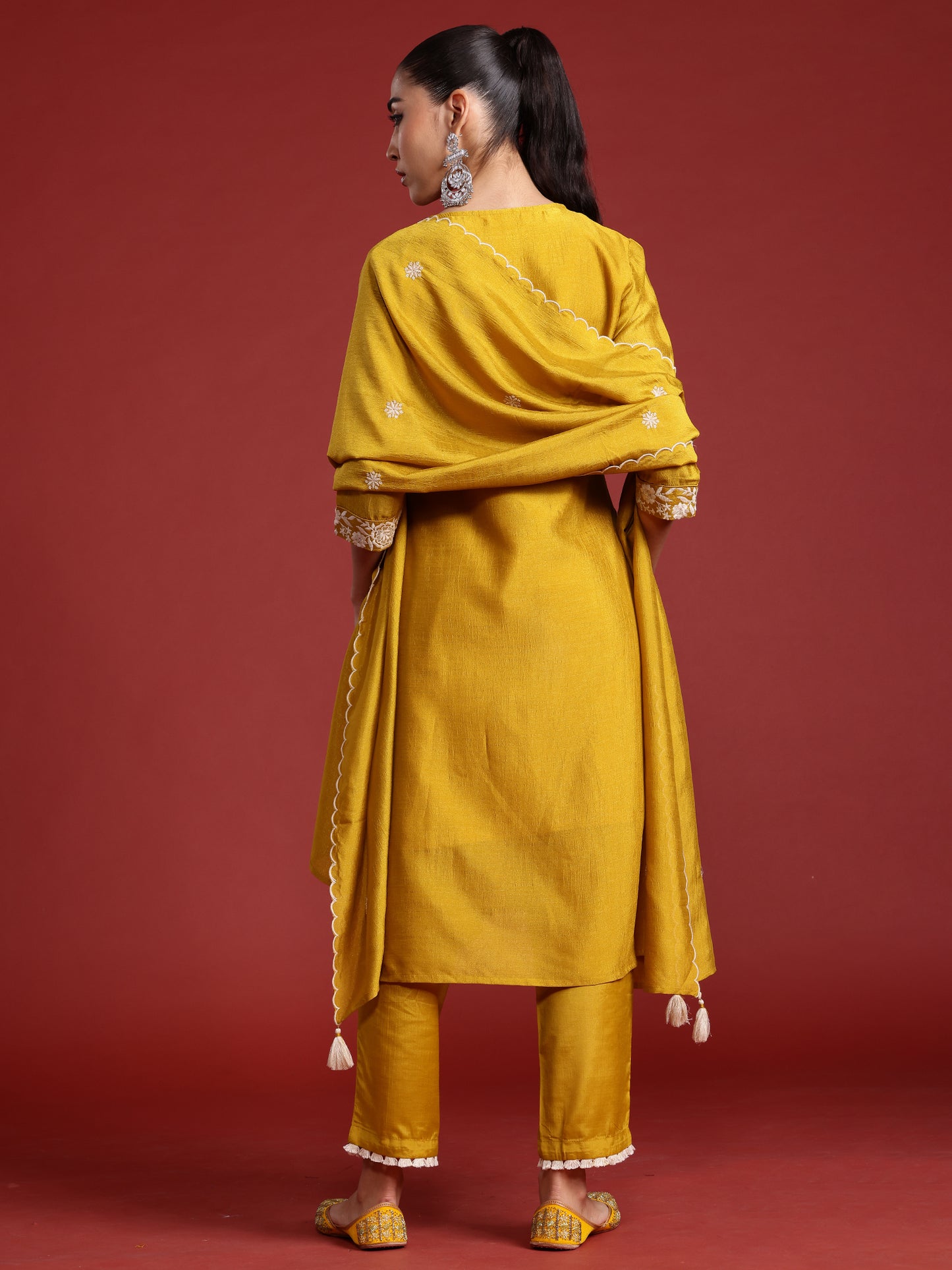 IE Yellow Embroidered Straight Kurta Trousers With Dupatta  Set