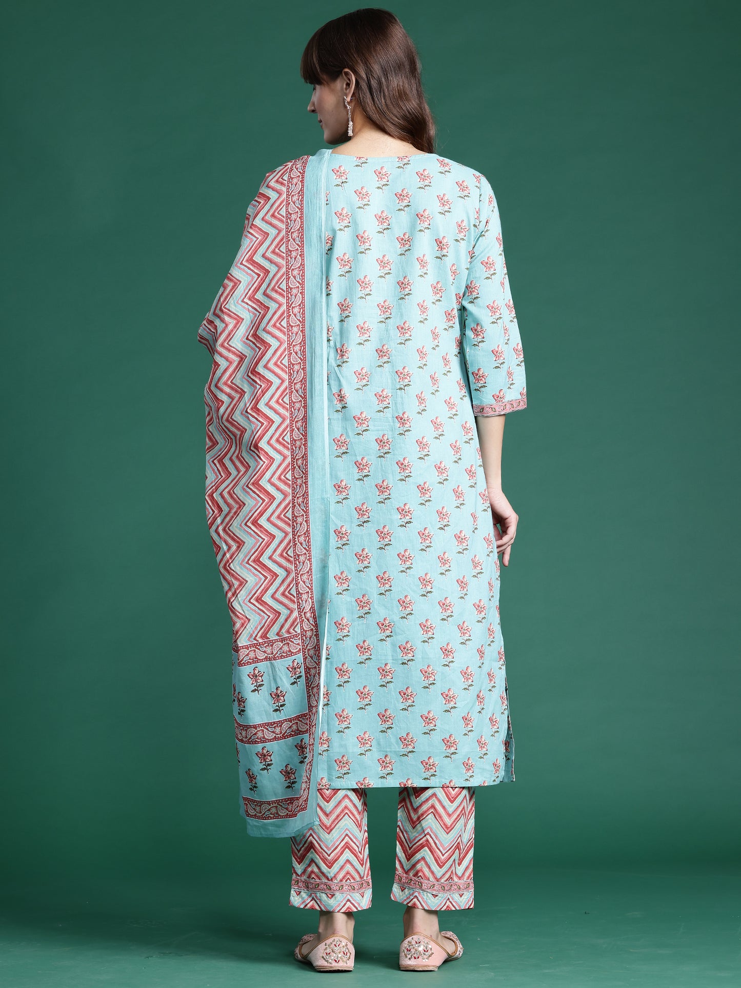 IE Blue Printed Straight Kurta Trousers With Dupatta set