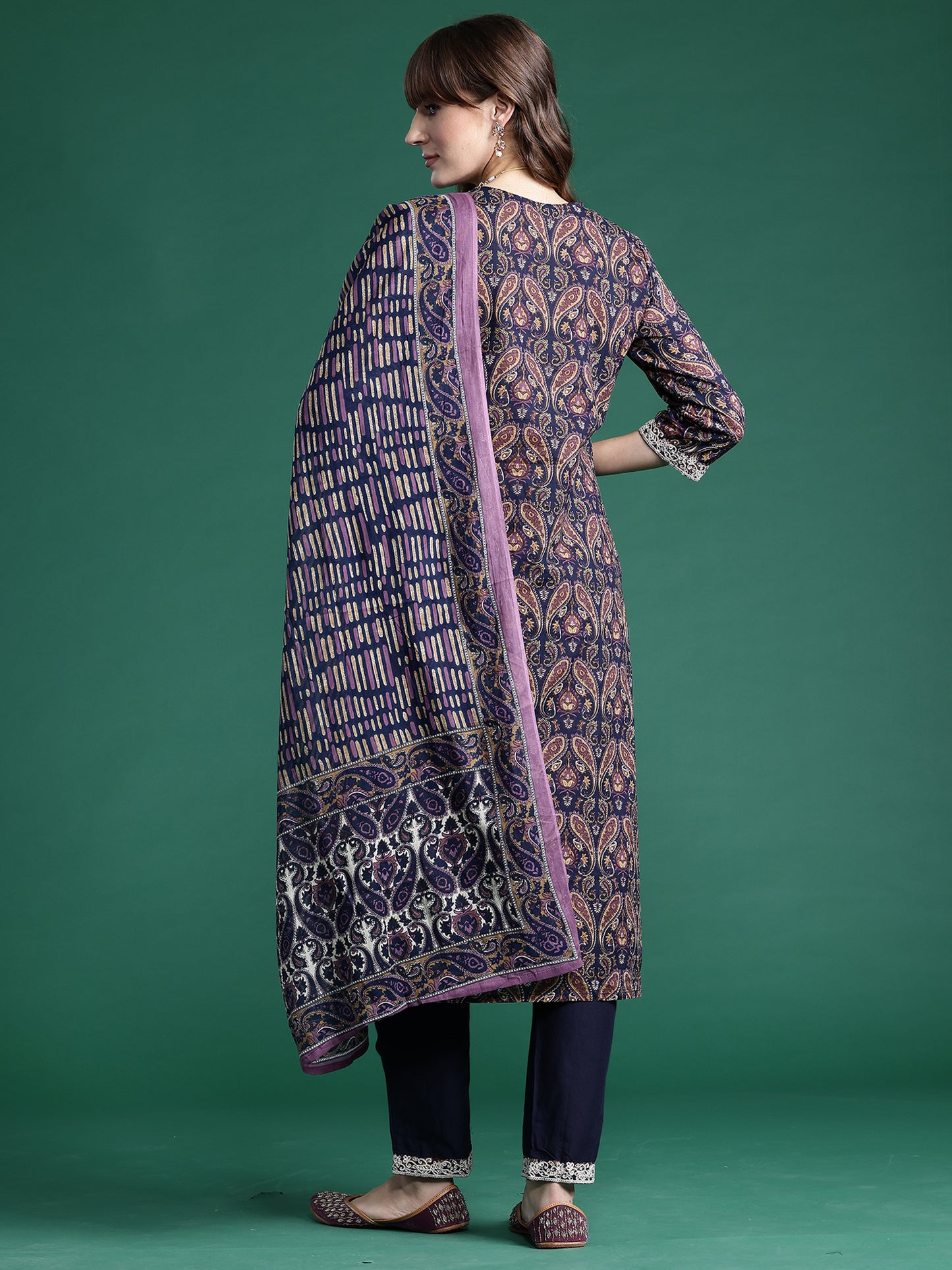 IE Navy Blue Printed Straight Kurta Trousers With Dupatta set