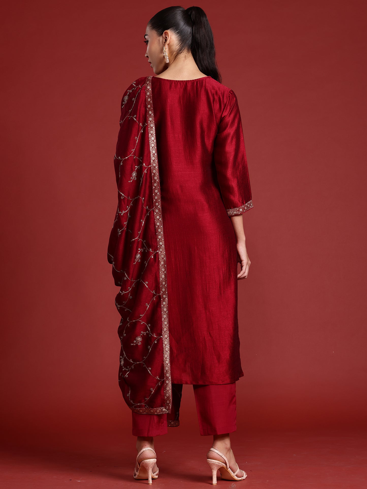 IE Maroon Embroidered Straight Kurta Trousers With Dupatta set