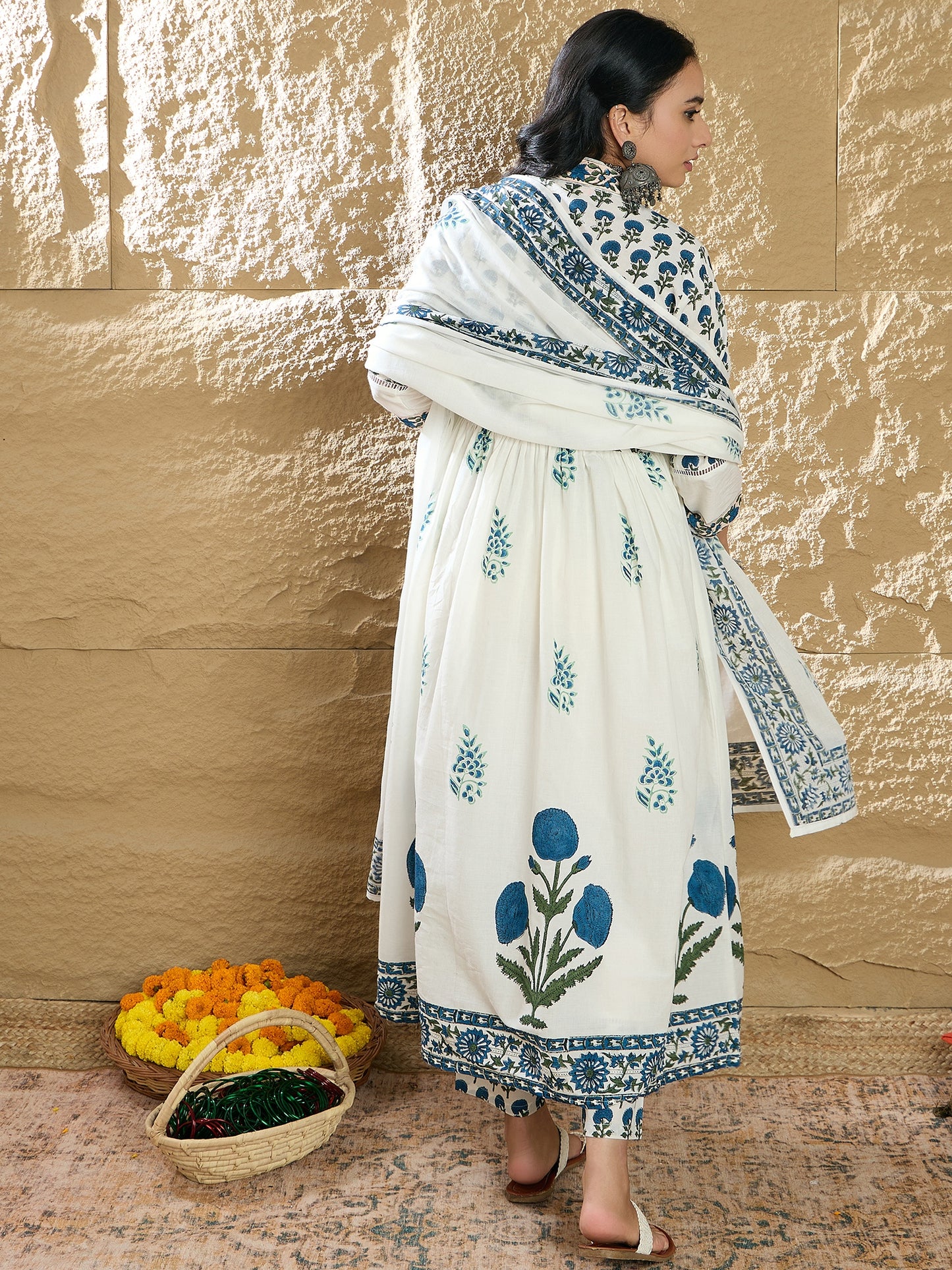 IE White Printed A-Line Kurta Trousers With Dupatta Set