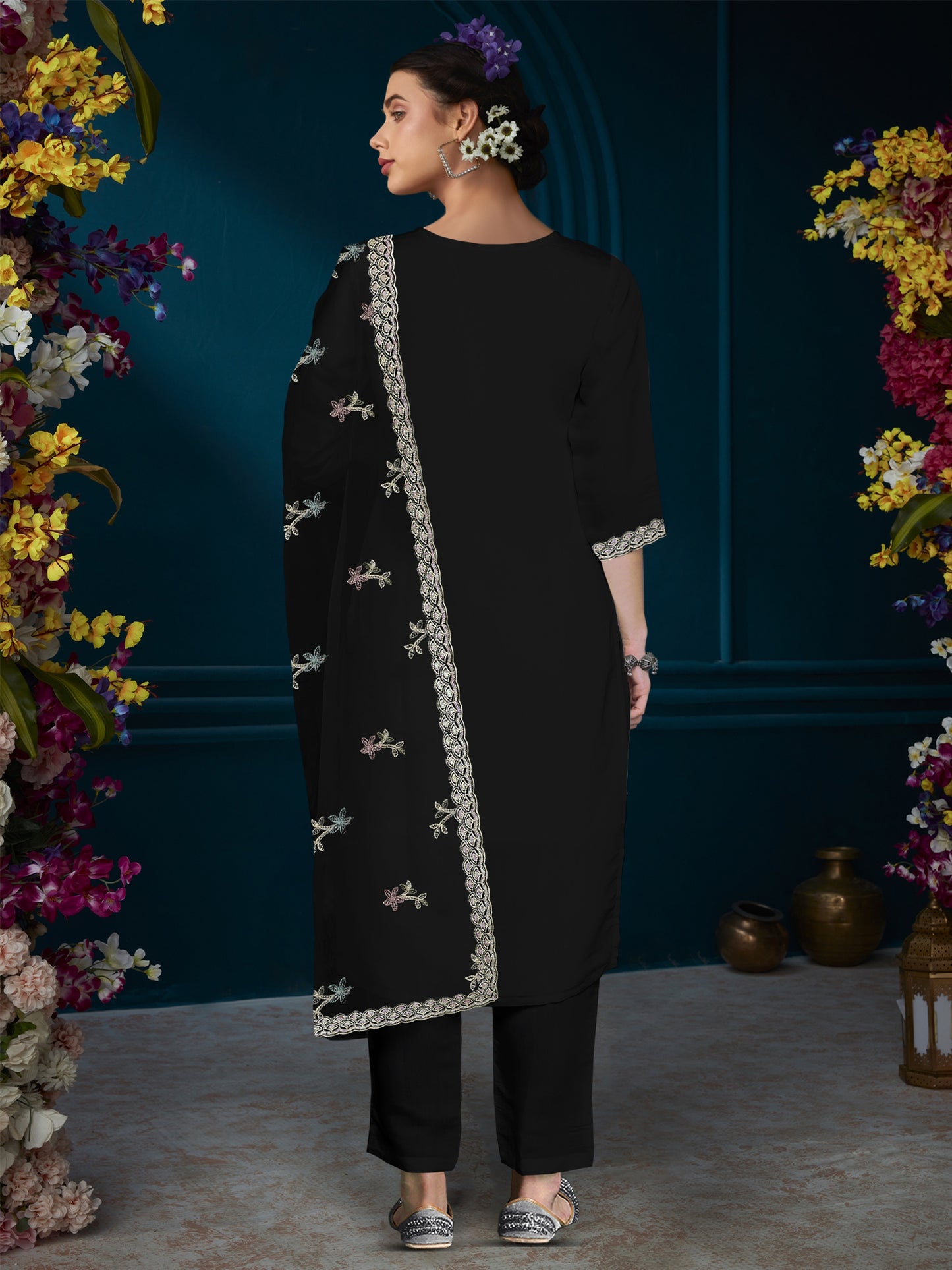 IE Black Straight Embroidered Kurta Trousers With Dupatta Set