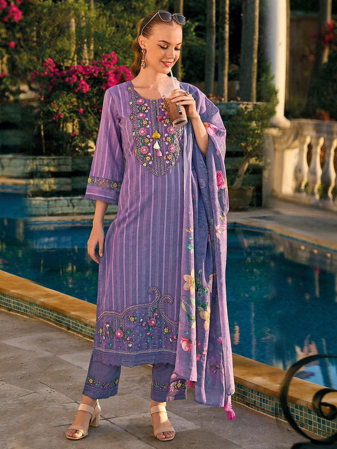 IE Purple Embroidered Straight Kurta Trousers With Dupatta set