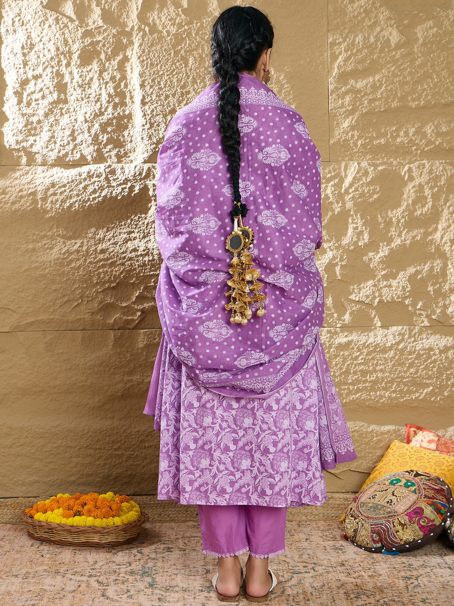 IE Lavender Printed A-Line Kurta Trousers With Dupatta set