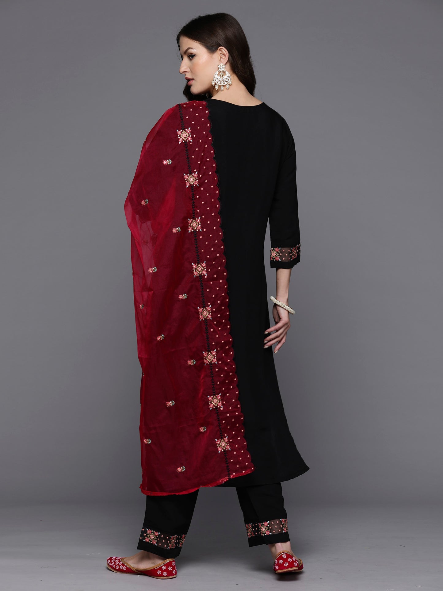 IE Black Embroidered Straight Kurta Trousers With Dupatta set