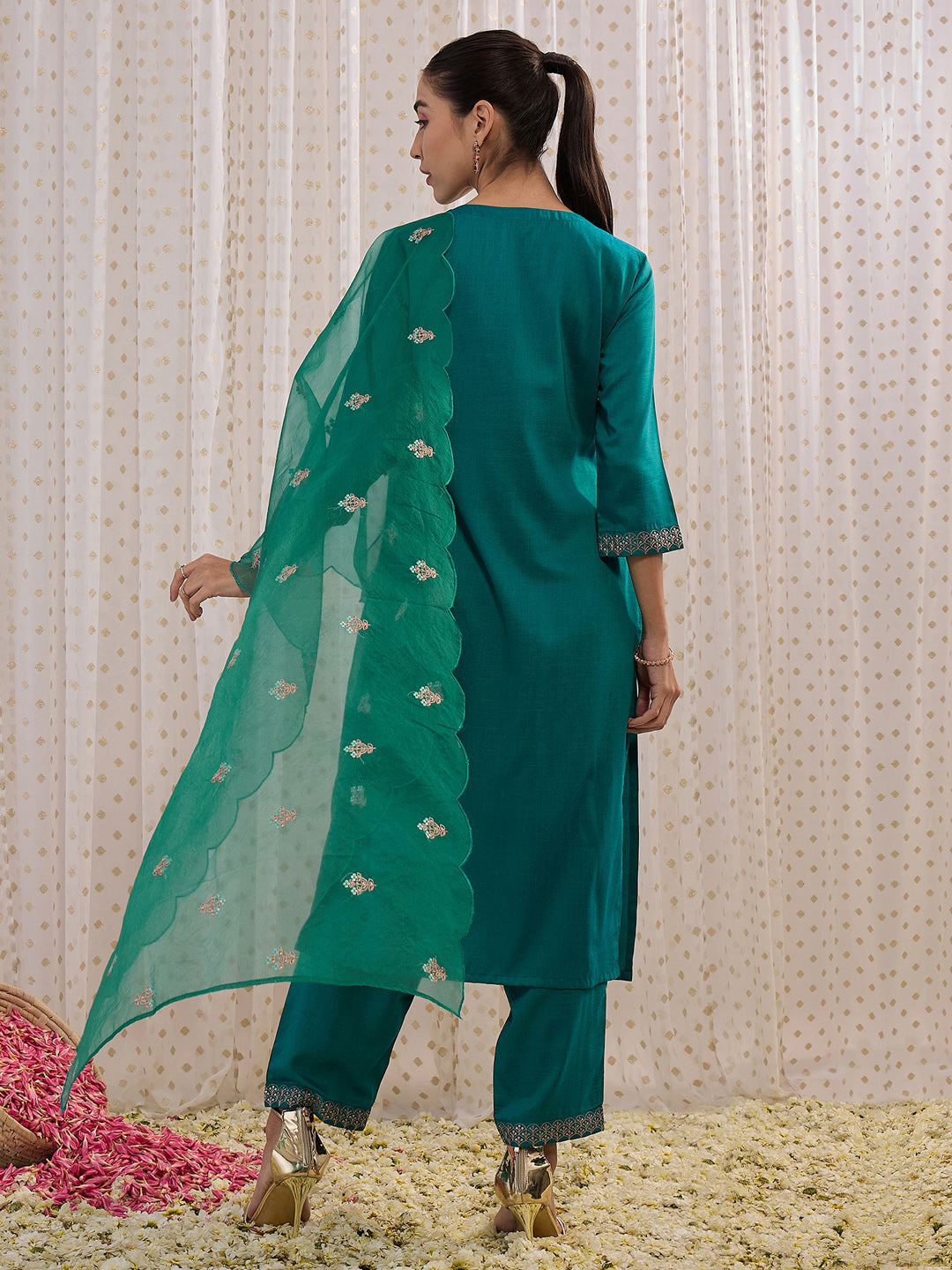 IE Teal Embroidered A-Line Kurta Trousers With Dupatta set