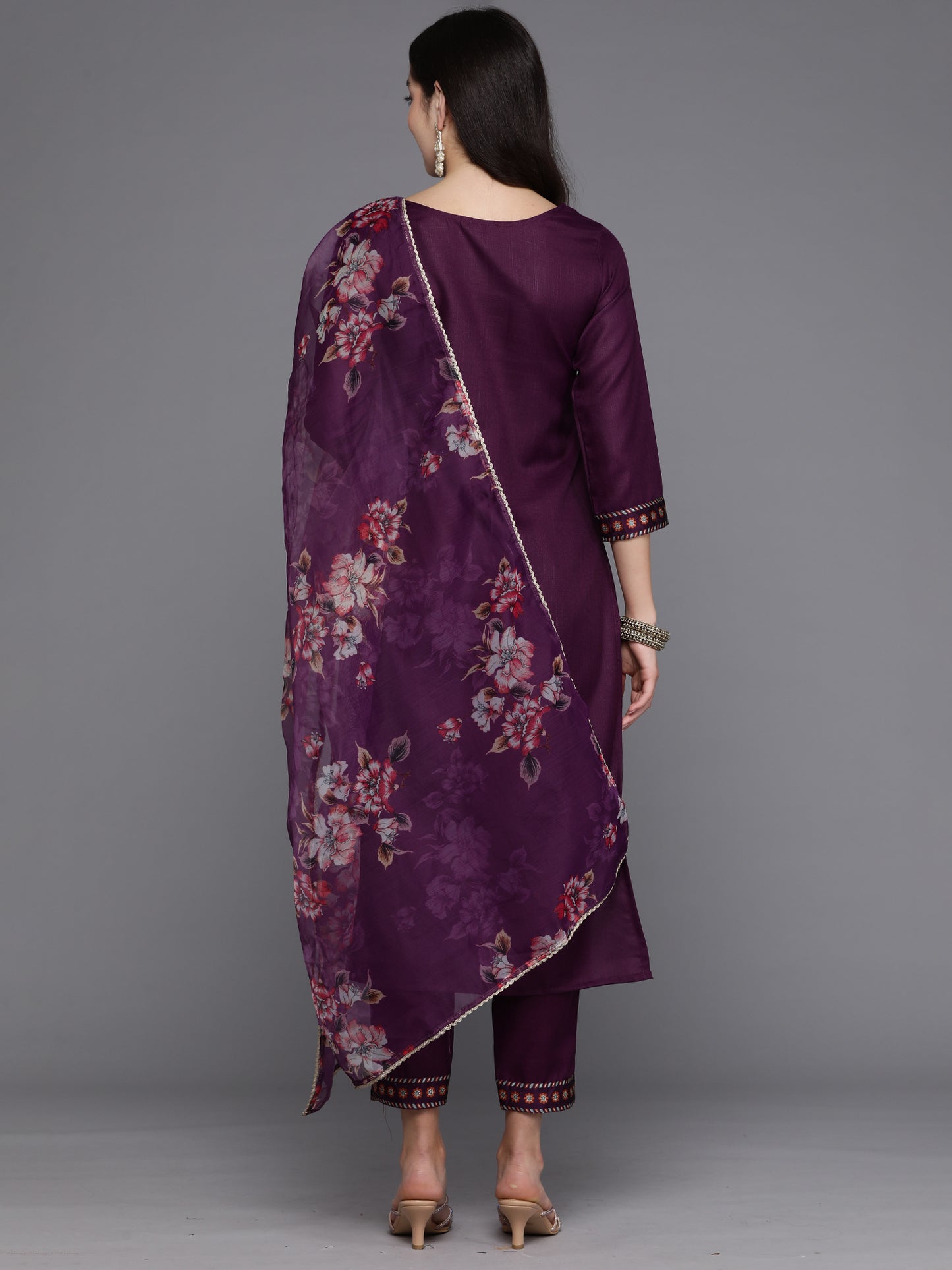 IE Purple Yoke Design Straight Kurta Trousers With Dupatta set