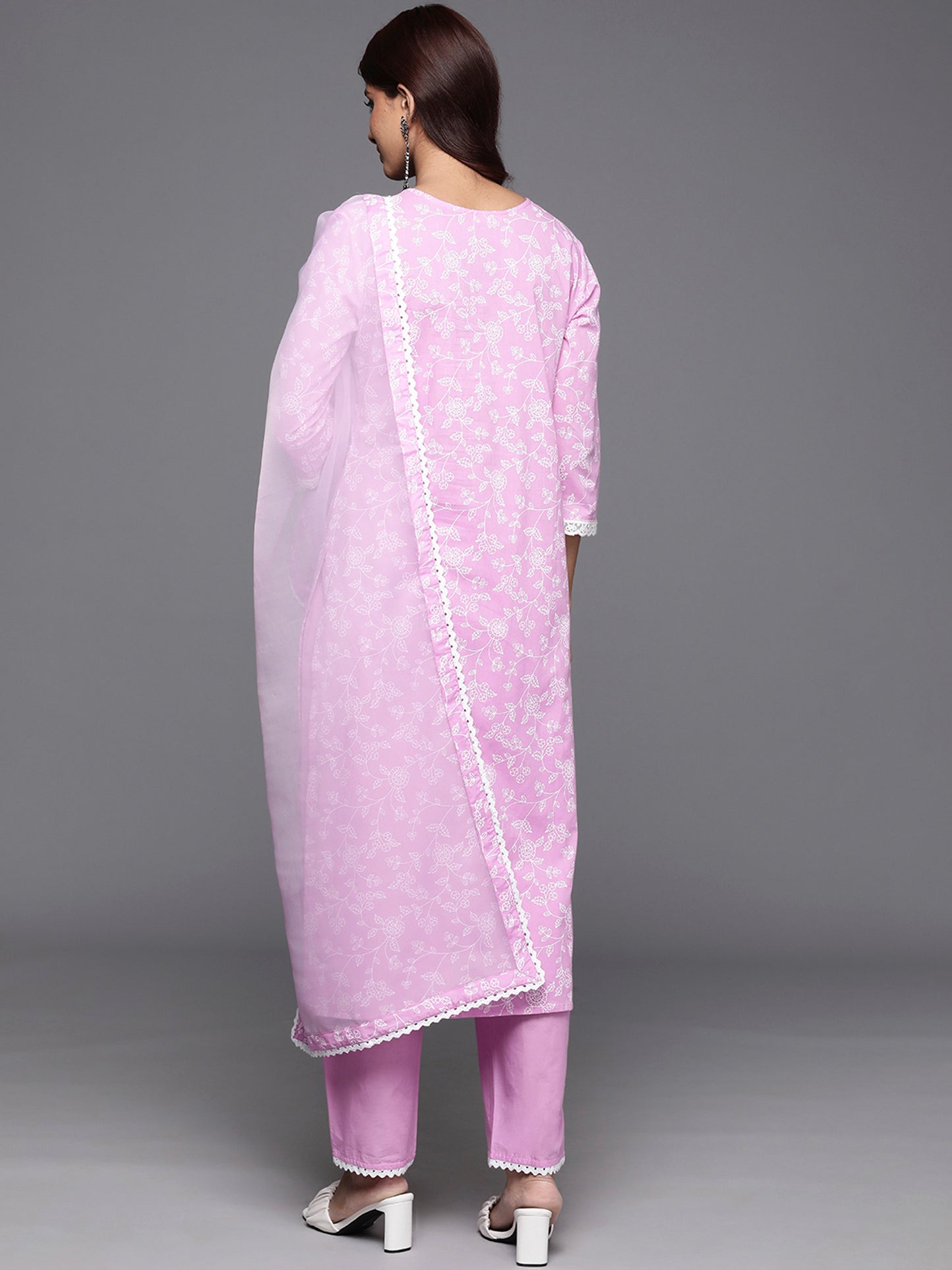 IE Lavender Printed Straight Kurta Trousers With Dupatta Set