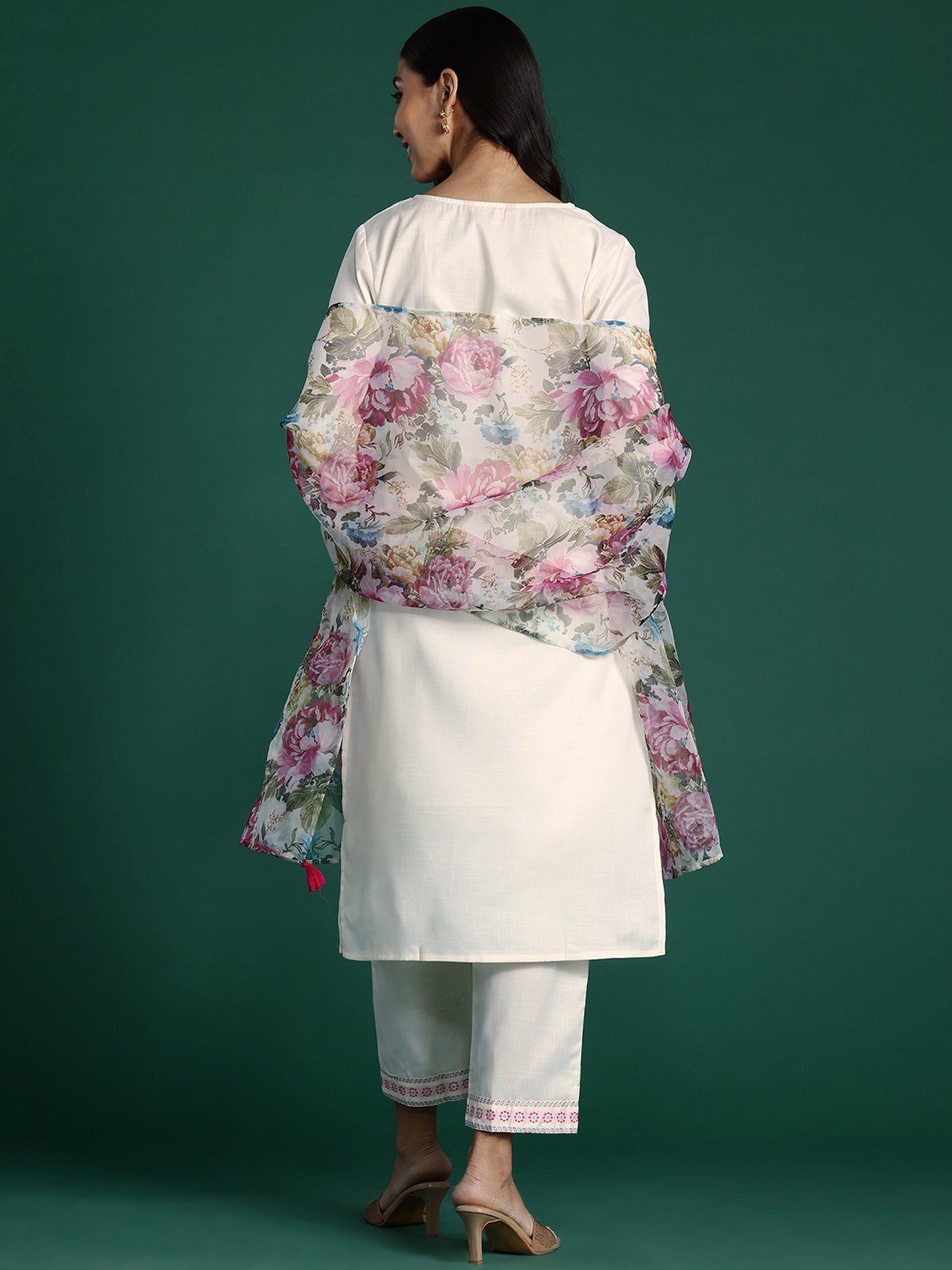 IE White Yoke Design Straight Kurta Trousers With Dupatta set