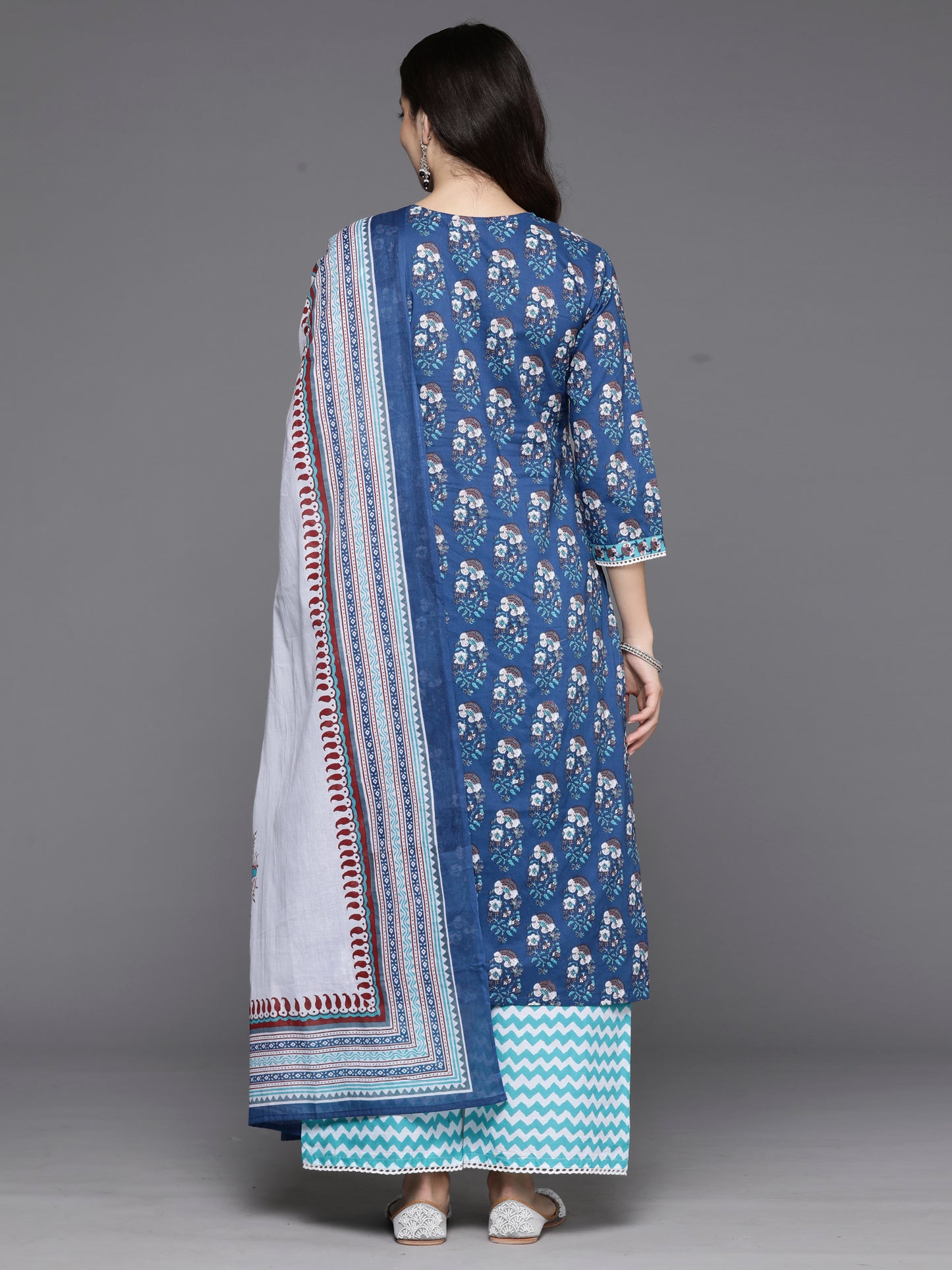 IE Blue Printed Straight Kurta Palazzos With Dupatta Set