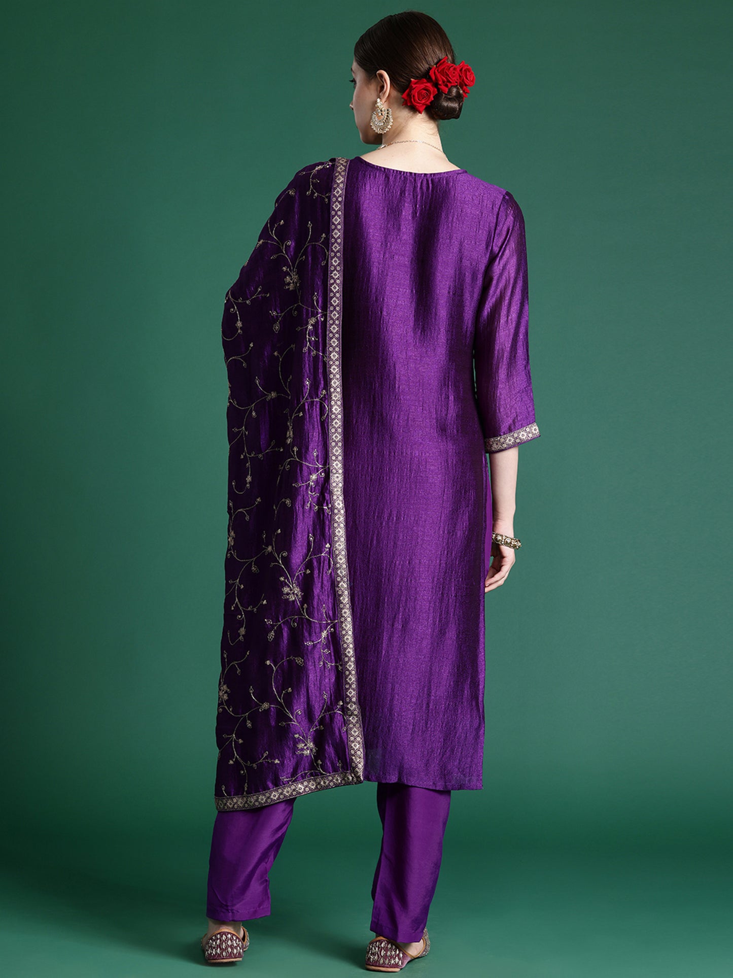 IE Purple Embroidered Straight Kurta Trousers With Dupatta set