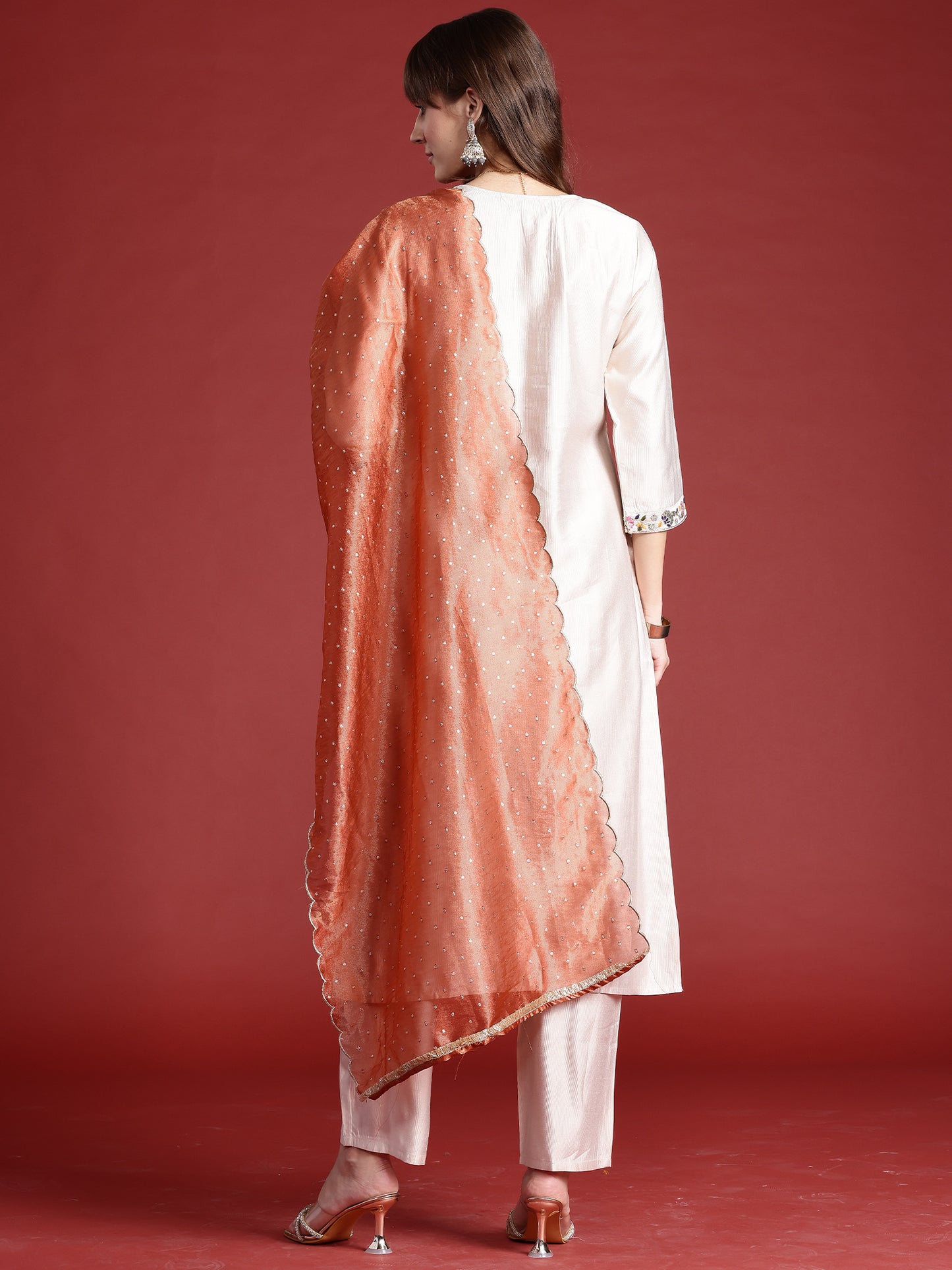 IE Off White Embroidered Straight Kurta Trousers With Dupatta  Set