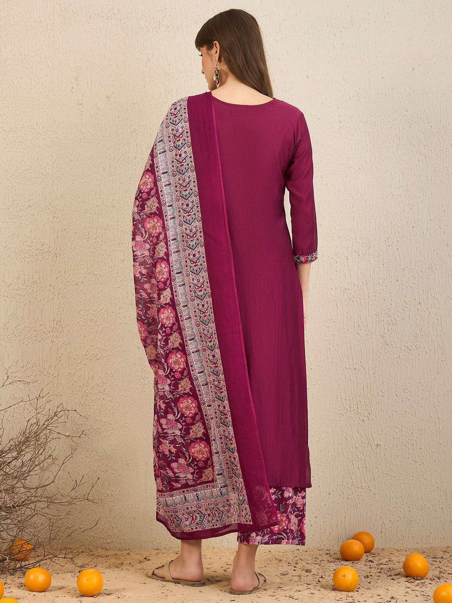 IE Burgundy Embroidered Straight Kurta Palazzos With Dupatta  Set