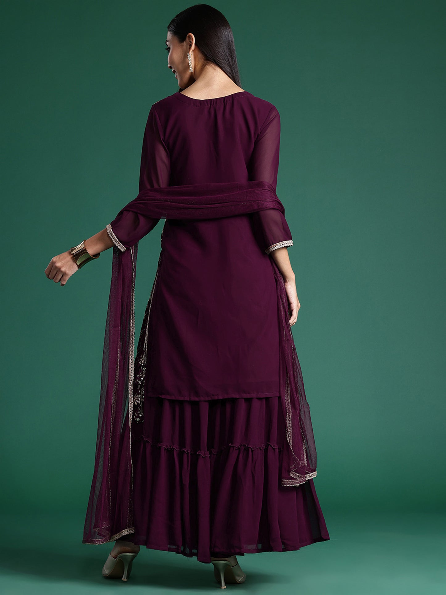 IE Burgundy Embroidered Straight Kurta Sharara With Dupatta set