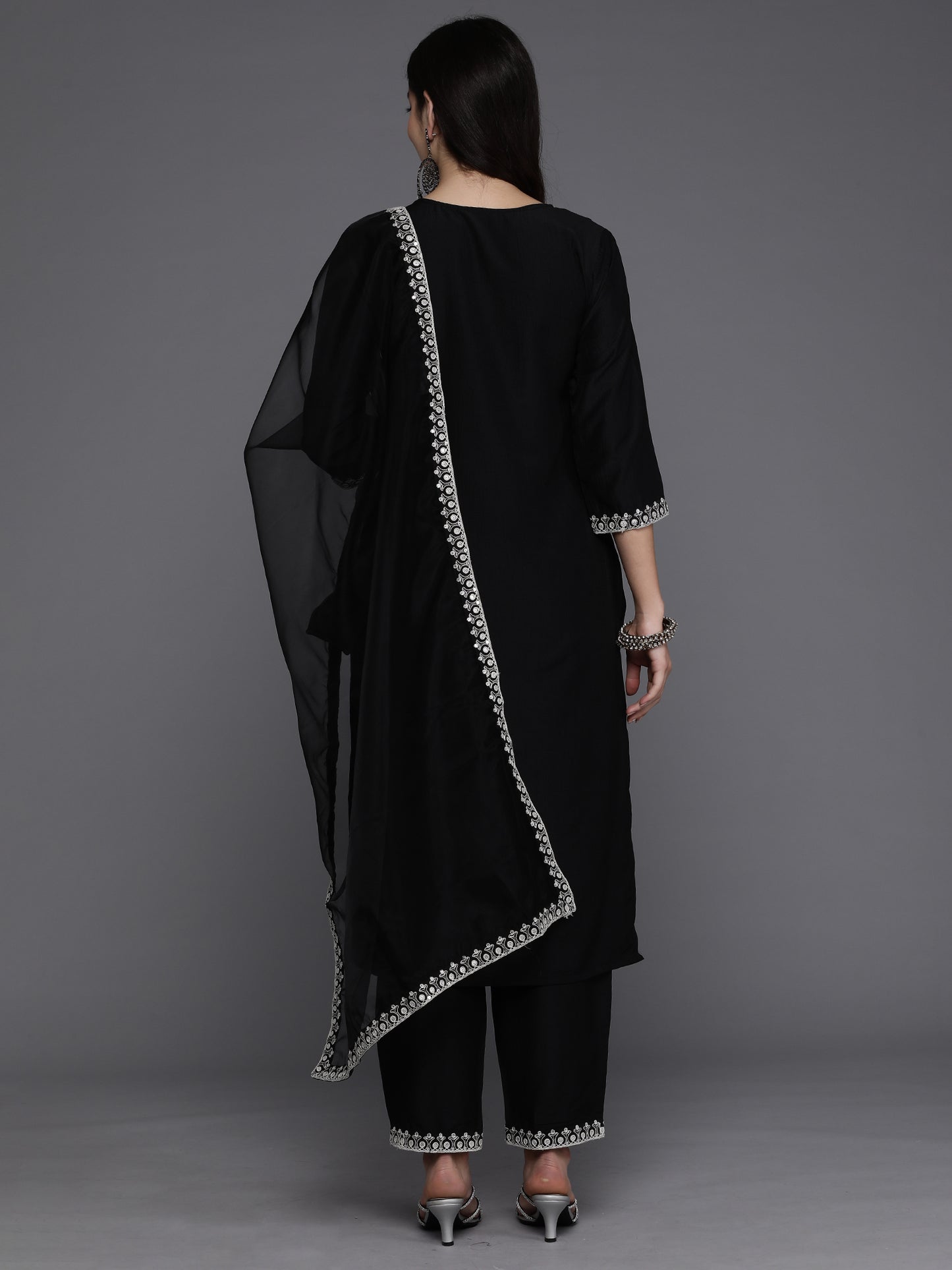 IE Black Embroidered Straight Kurta Trousers With Dupatta set