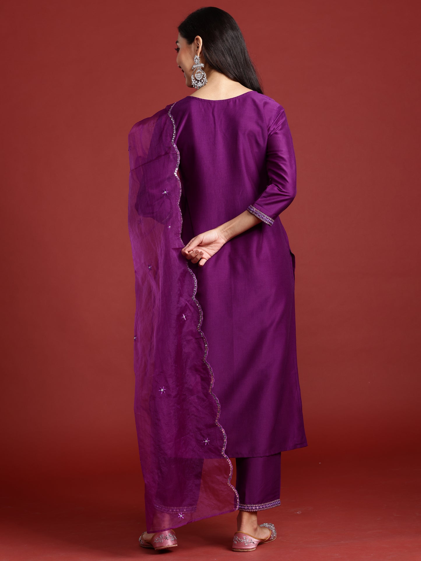 IE Purple Embroidered Straight Kurta Trousers With Dupatta set