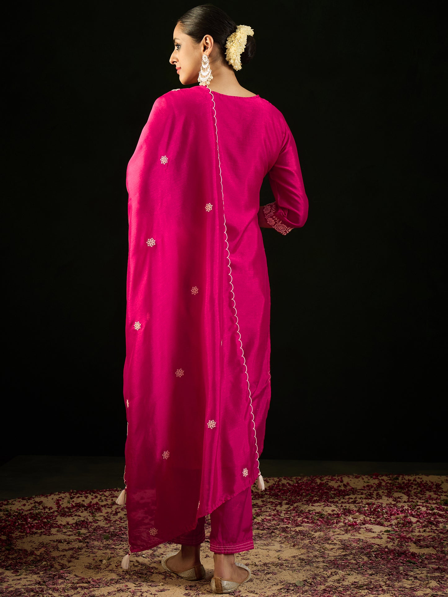 IE Pink Embroidered Straight Kurta Trousers With Dupatta set