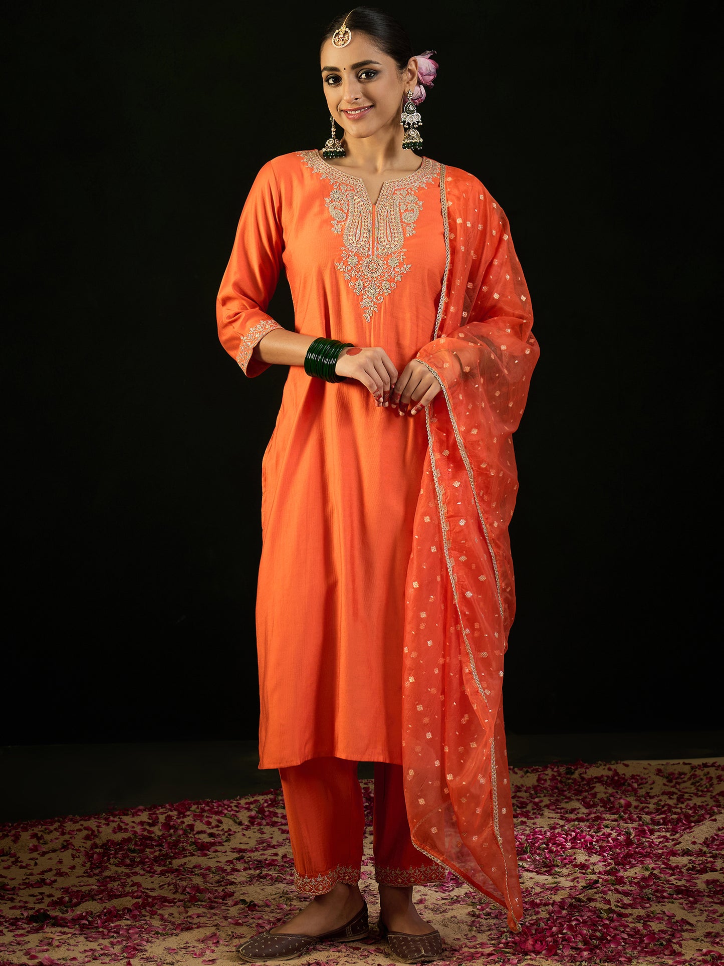 IE Orange Embroidered Straight Kurta Trousers With Dupatta set