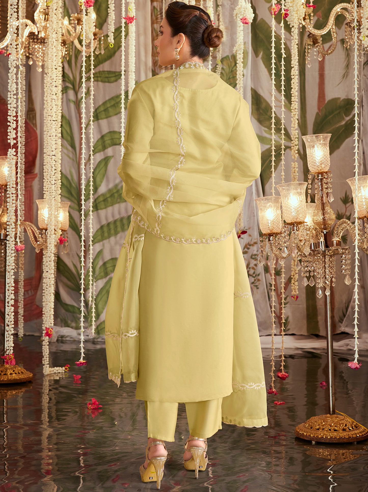 IE Yellow Straight Embroidered Kurta Trousers With Dupatta Set