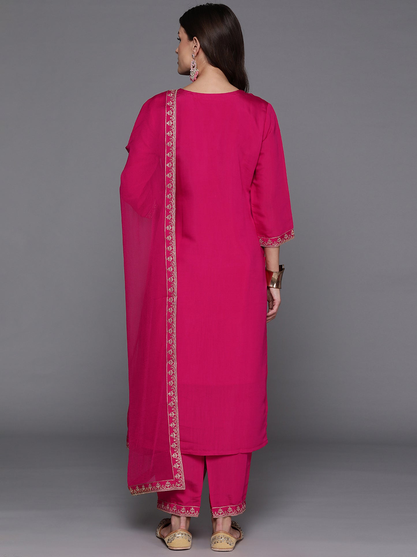 IE Pink Embroidered Straight Kurta Trousers With Dupatta Set