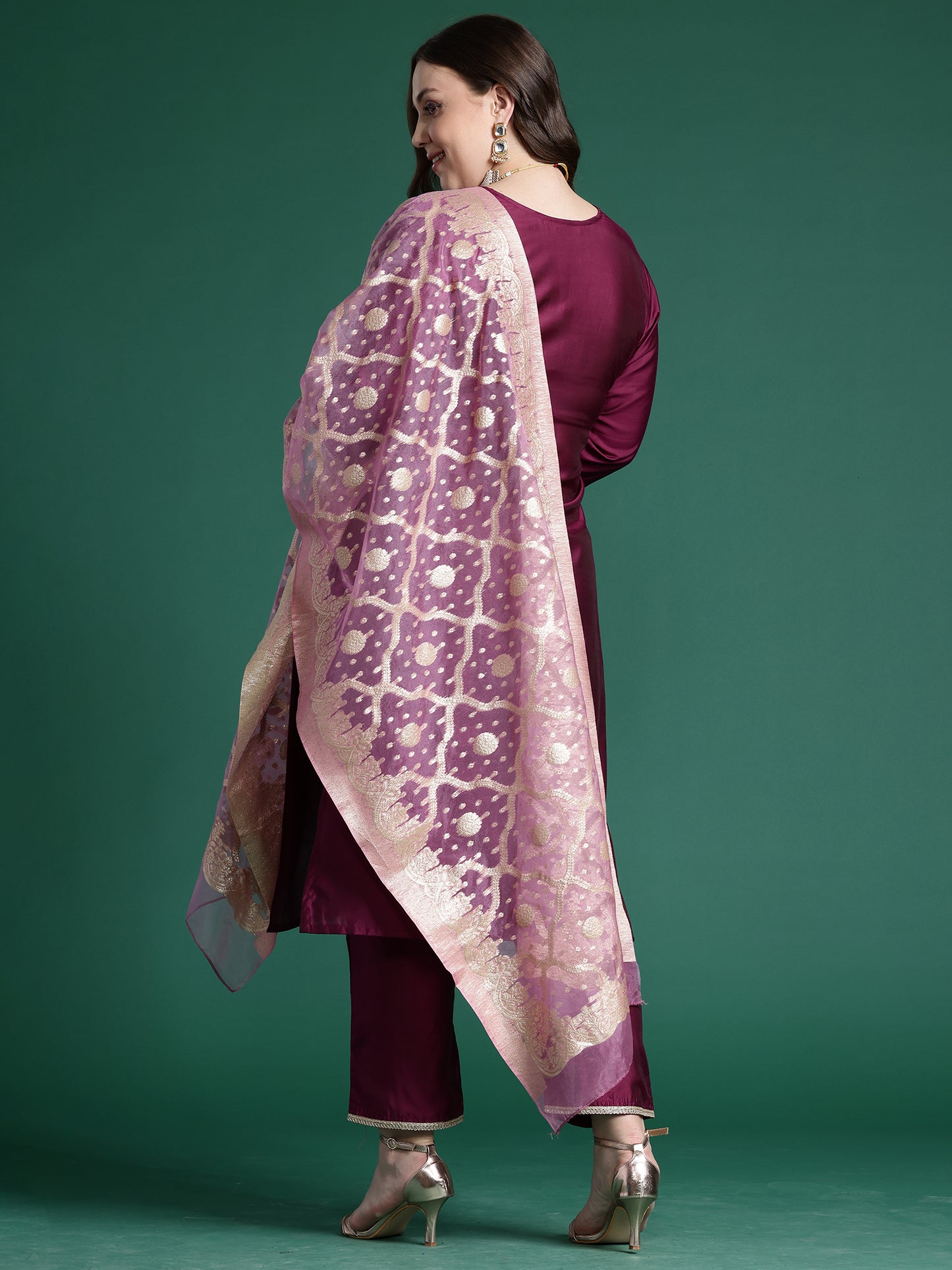 IE Purple Embroidered Straight Kurta Trousers With Dupatta set