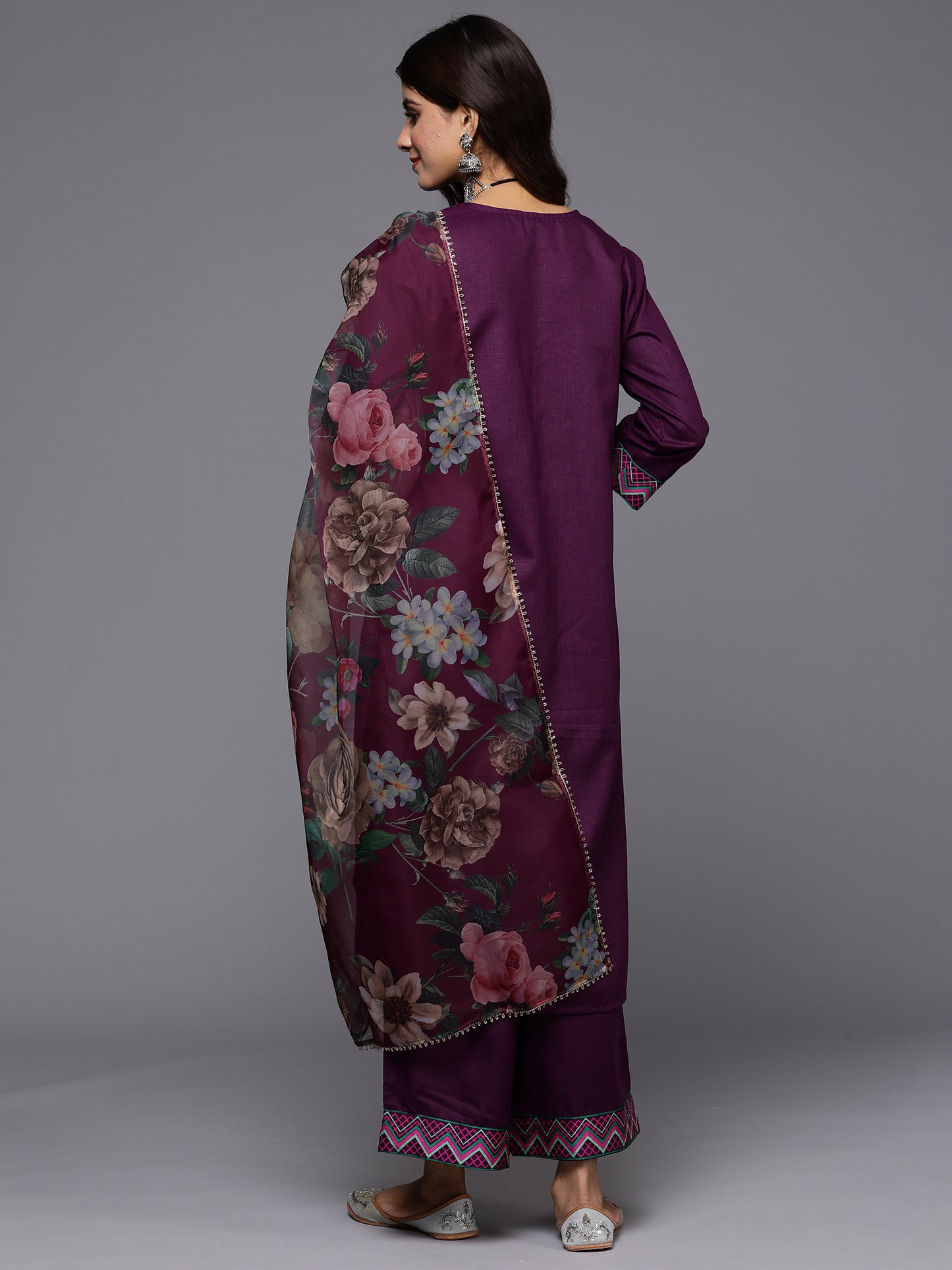 IE Purple Yoke Design Straight Kurta Palazzos With Dupatta Set