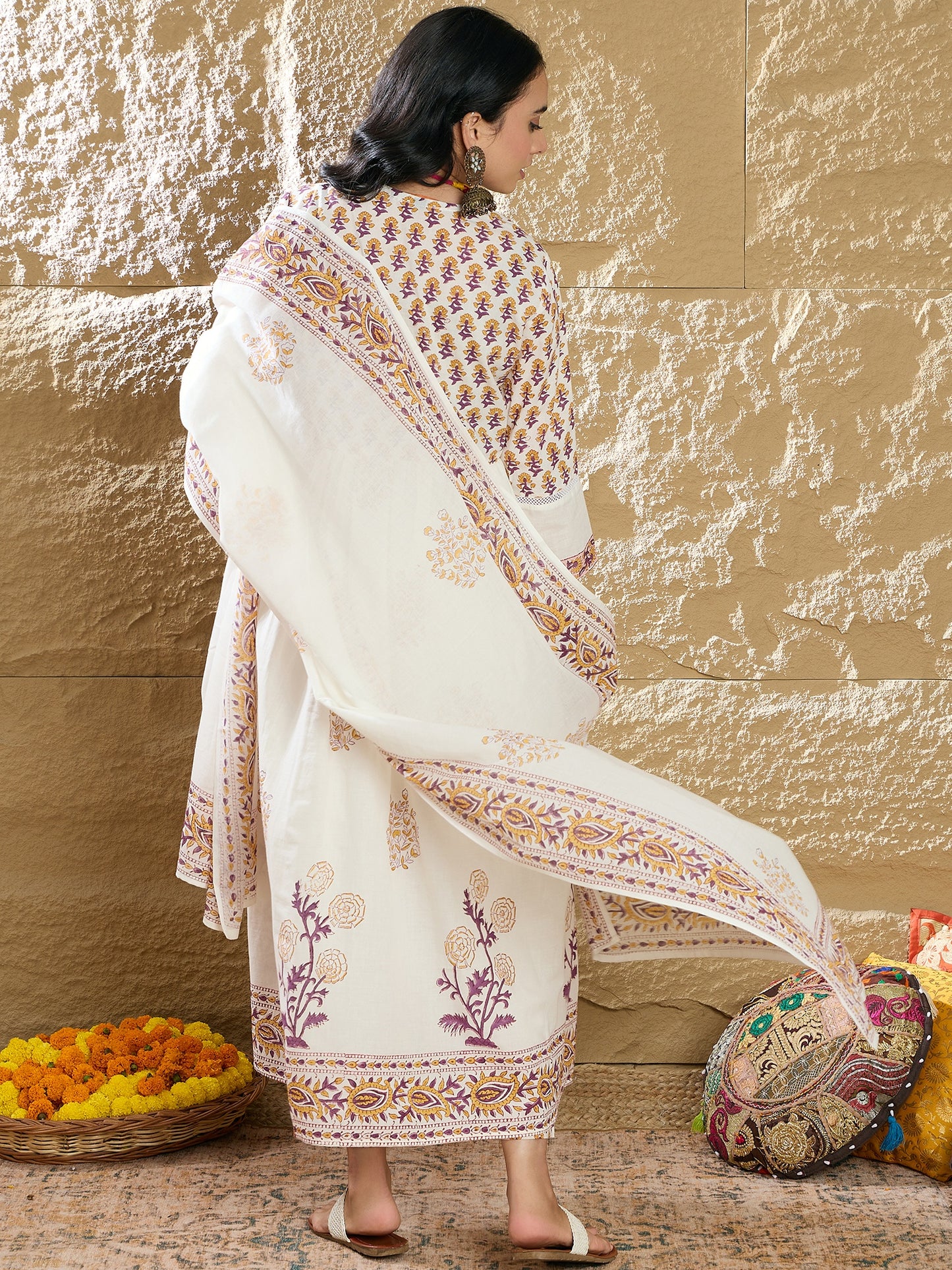 IE White Printed A-Line Kurta Trousers With Dupatta Set