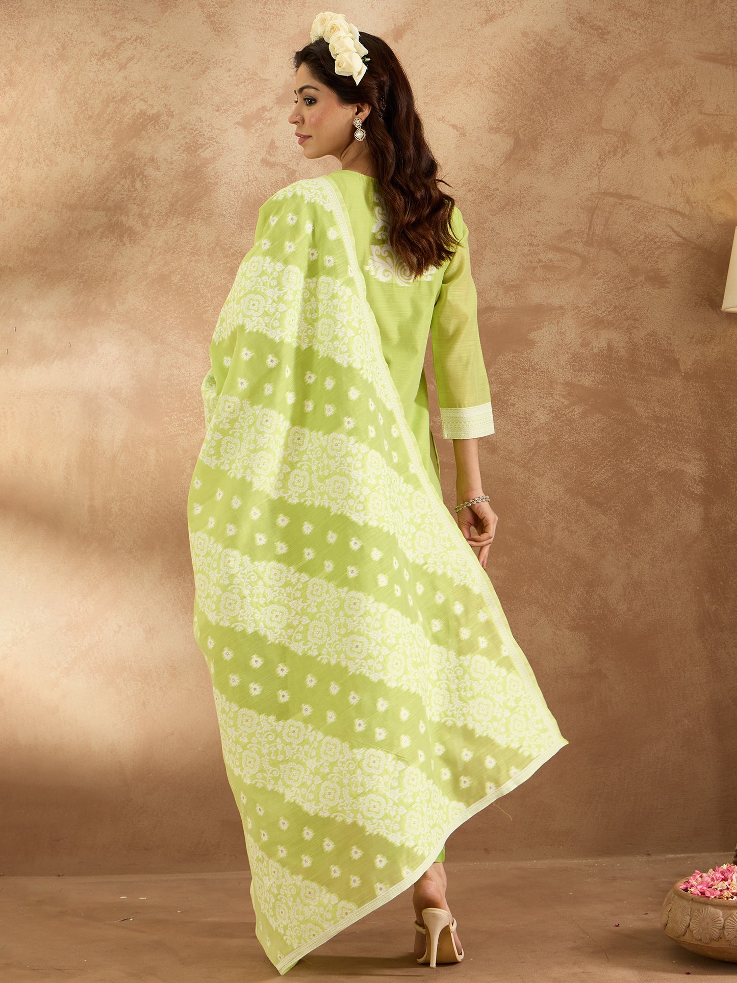 IE Green Woven Design Straight Kurta Trousers With Dupatta set