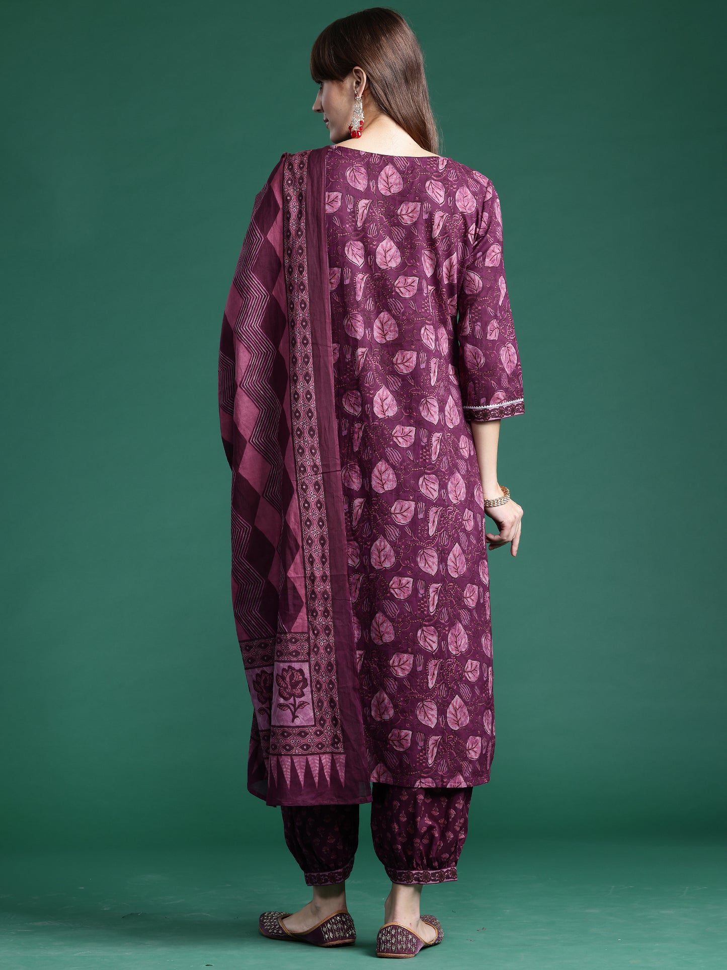 IE Burgundy Printed Straight Kurta Palazzos With Dupatta set