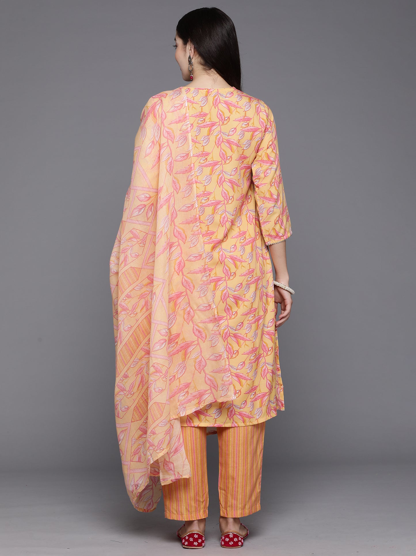 IE Yellow Embroidered Straight Kurta Trousers With Dupatta Set