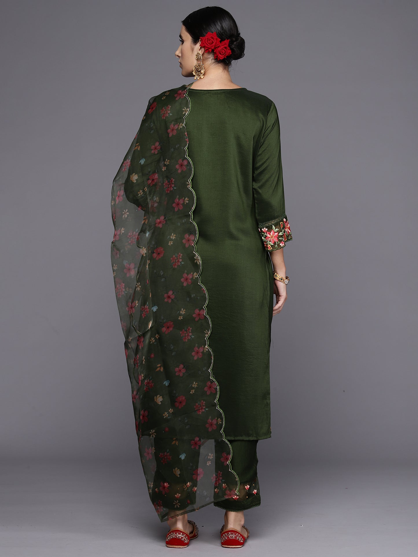 IE Green Embroidered Straight Kurta Trousers With Dupatta Set