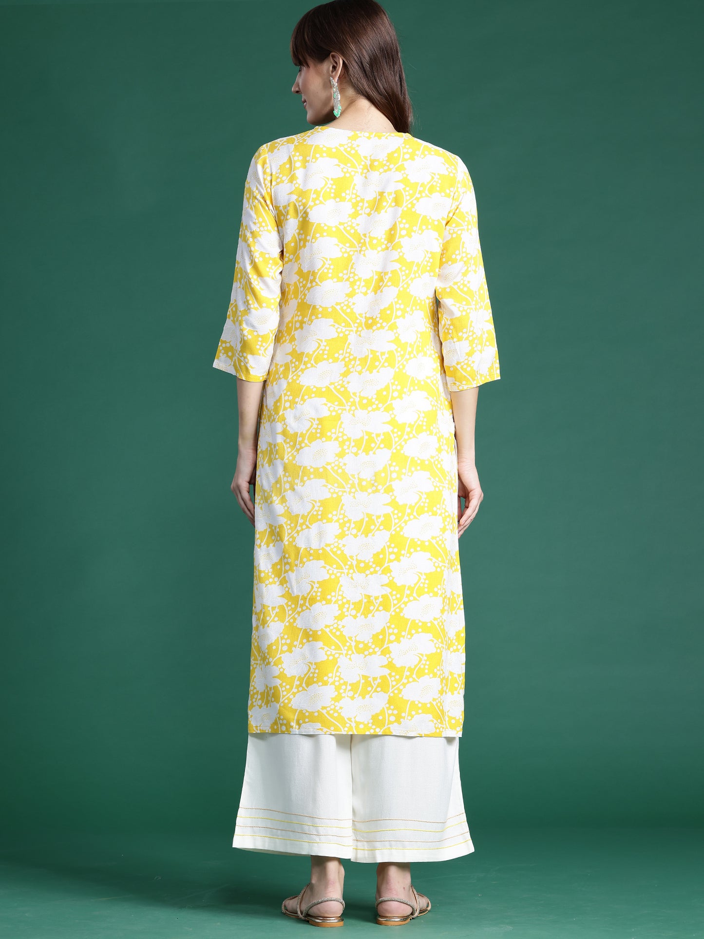 IE Yellow Printed Straight Kurtas