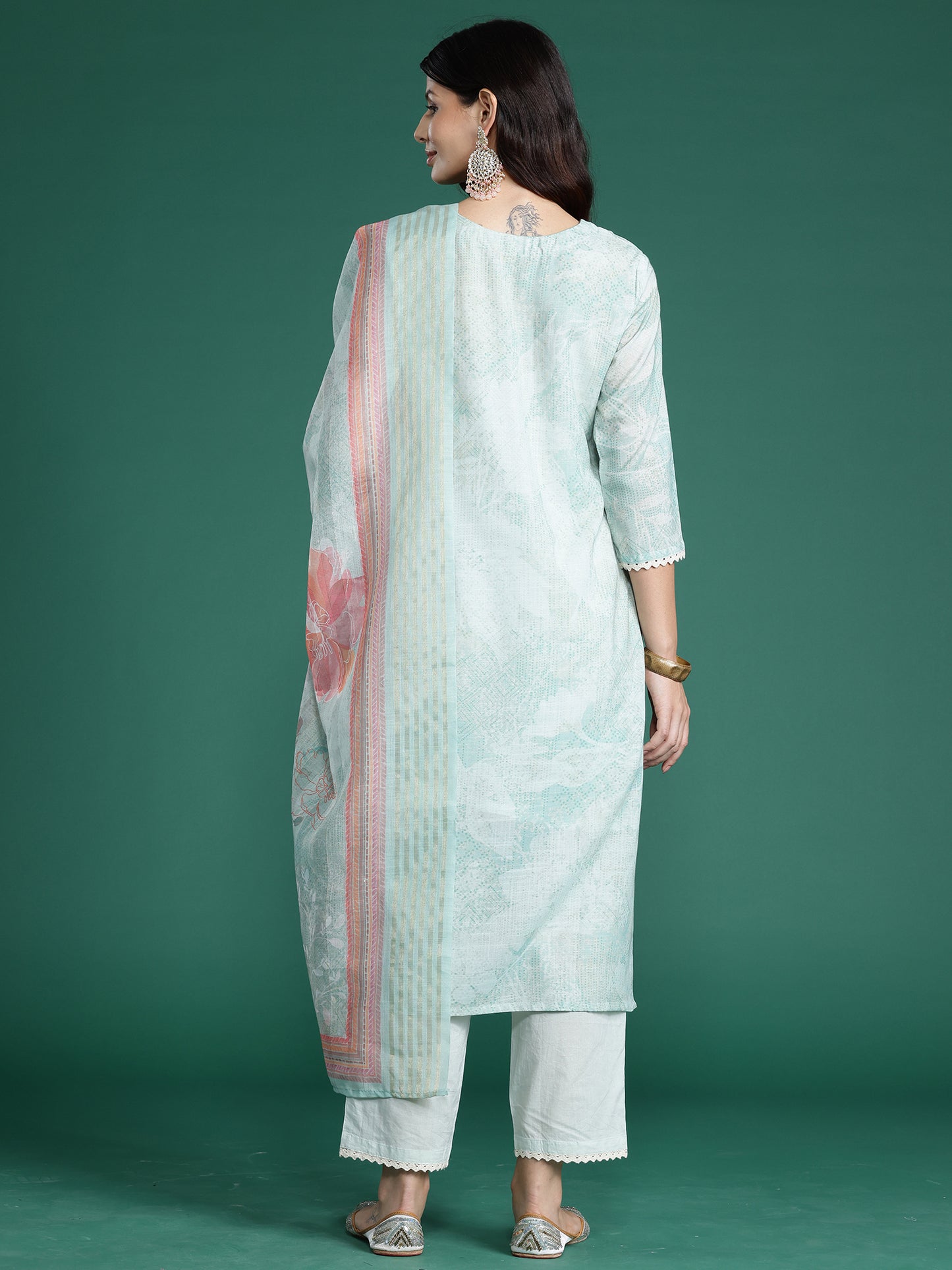 IE Sea Green Printed Straight Kurta Trousers With Dupatta  Set